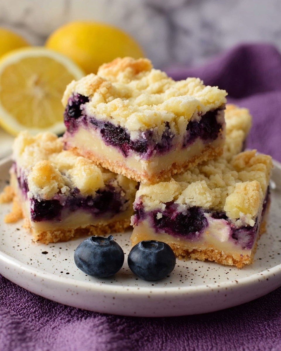 The image shows square pieces of a blueberry dessert bar on a white speckled plate resting on a purple cloth. Each piece has three layers: a light golden crust at the bottom, a thick middle layer with creamy texture and whole blueberries that create purple spots, and a crumbly pale yellow top layer with a slightly rough texture. Fresh blueberries and lemon slices sit near the plate on a white marbled surface. Photo taken with an iphone --ar 4:5 --v 7