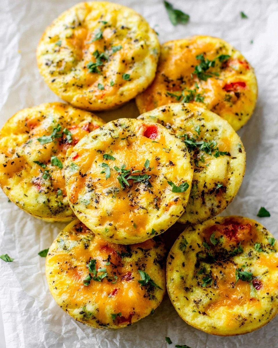 The image shows seven small, round egg muffins arranged closely together on a piece of white parchment paper over a white marbled surface. Each muffin has a yellow egg base with visible bits of green herbs and red pieces, likely peppers or tomatoes, mixed in. The tops are slightly browned with a baked, slightly crispy texture and are sprinkled with fresh chopped green parsley. The muffins have a soft and fluffy appearance with a vibrant mix of colors from the herbs and vegetables throughout the layers. Photo taken with an iphone --ar 4:5 --v 7