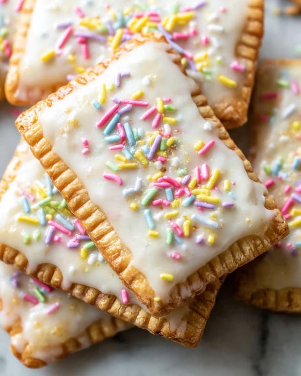 A close-up of several rectangular pastries stacked and overlapping on a white marbled surface. Each pastry has a golden-brown crust with slightly crinkled edges and a layer of smooth white icing spread thickly on top. The icing is decorated with colorful, long sprinkles in pastel shades of pink, yellow, green, purple, and red, evenly scattered across the surface. The texture of the crust looks flaky and light, while the icing appears creamy and glossy. photo taken with an iphone --ar 4:5 --v 7