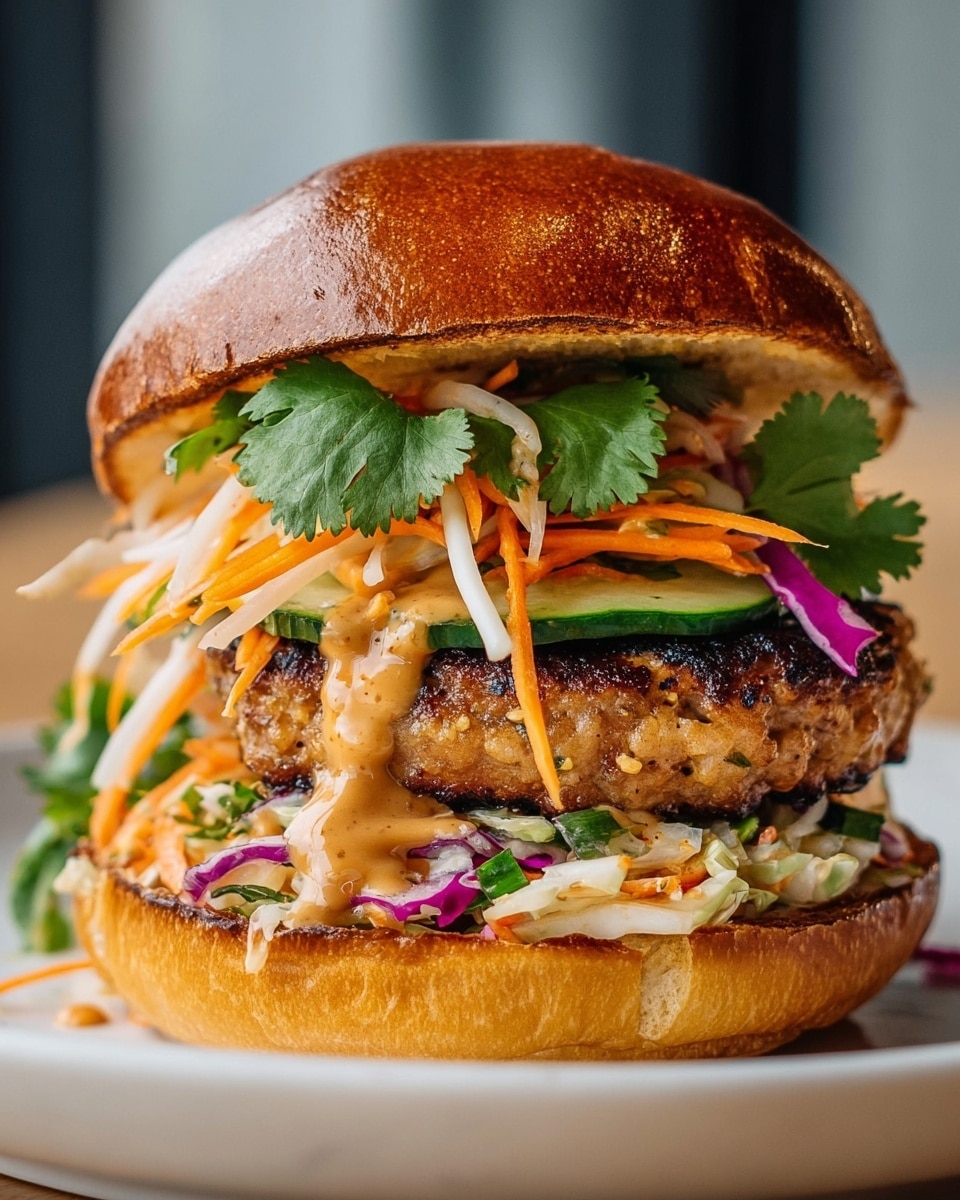 A close-up image of a thick burger with five visible layers on a white plate, set on a white marbled surface. The bottom layer is a toasted, golden-brown bun with a slightly crisp texture. On top of that, there is a layer of colorful shredded cabbage with white, purple, and thin orange carrot pieces. Above the cabbage, two slices of fresh, green cucumber are placed. The main layer is a juicy, well-seared meat patty with a caramelized brown crust and some green herbs visible inside. The top layer features a mix of shredded carrots, white cabbage, and a few fresh cilantro leaves, all topped with a smooth, light brown sauce that drips slightly down the patty. The whole stack is capped with a glossy, toasted brown top bun, slightly cracked and shiny. Photo taken with an iphone --ar 4:5 --v 7
