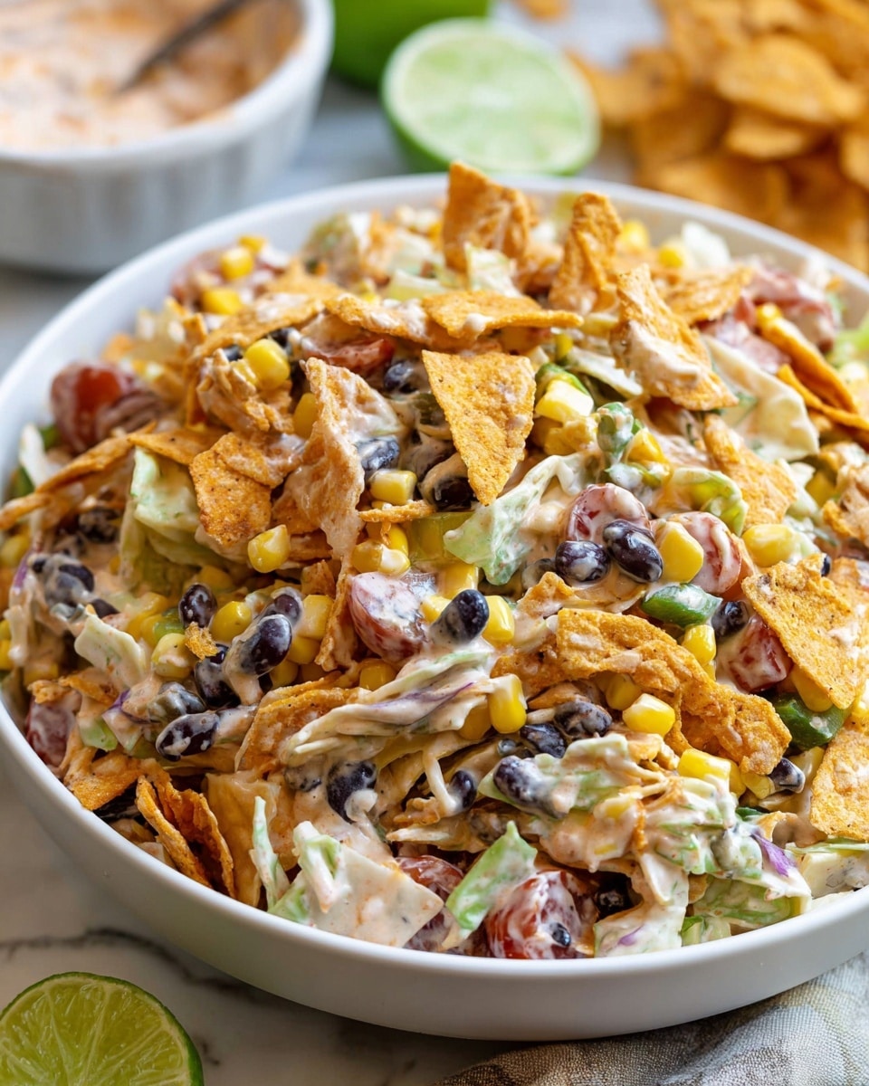 A close-up view of a colorful salad served in a white bowl, placed on a white marbled surface. The salad has several layers including bright orange crunchy chips scattered throughout, a mix of yellow corn kernels, black beans, small pieces of red tomatoes, green chopped peppers, and shredded white cabbage. The texture is varied with crispy chips, soft beans, and fresh vegetables all mixed with a light creamy dressing that lightly coats the ingredients. A sliced lime is visible in the background. photo taken with an iphone --ar 4:5 --v 7