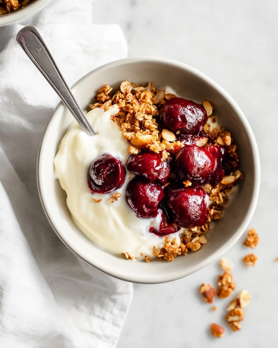 A white bowl filled with three main layers, starting with a crunchy, golden brown granola base at the bottom. On top of the granola lies a smooth, creamy layer of white yogurt, slightly swirled and drizzled with a light honey or syrup. The top layer consists of shiny, deep red halved cherries that are juicy and glossy, covering most of the yogurt. A silver spoon dips into the bowl, resting on the side among the layers. The bowl is placed on a white marbled surface with another similar bowl blurred in the background. photo taken with an iphone --ar 4:5 --v 7