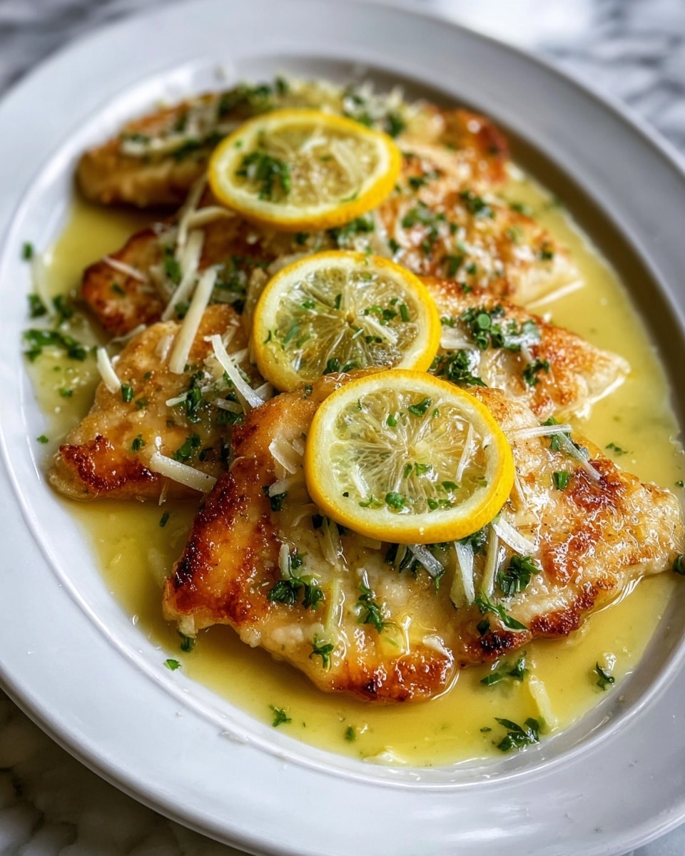 The image shows four pieces of golden-brown cooked fish fillets placed on a white plate with decorative edges. Each fillet is topped with melted white cheese and a slice of bright yellow lemon. The dish is covered in a light yellow sauce that pools around the fish. Green chopped herbs are sprinkled on top, adding a fresh color contrast. The plate is set on a white marbled surface. Photo taken with an iphone --ar 4:5 --v 7