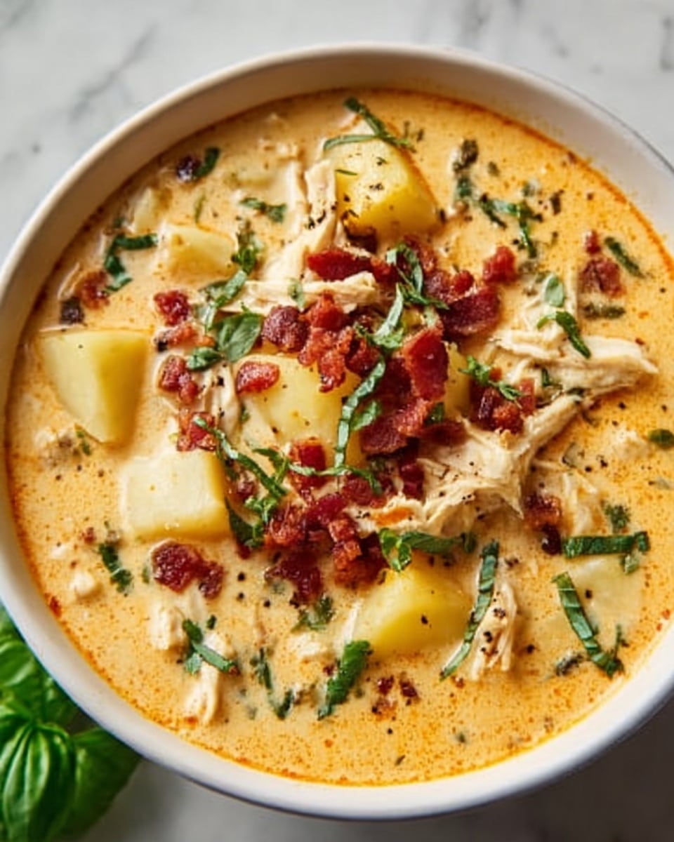 A white bowl filled with creamy soup that has a light yellow color with chunks of creamy white potatoes. On top, there are small crispy red bacon pieces and green chopped herbs scattered around. The soup has a smooth texture with some visible bits of chicken and red specks from seasoning. The bowl is placed on a white marbled surface with a few green leaves around for decoration. photo taken with an iphone --ar 4:5 --v 7