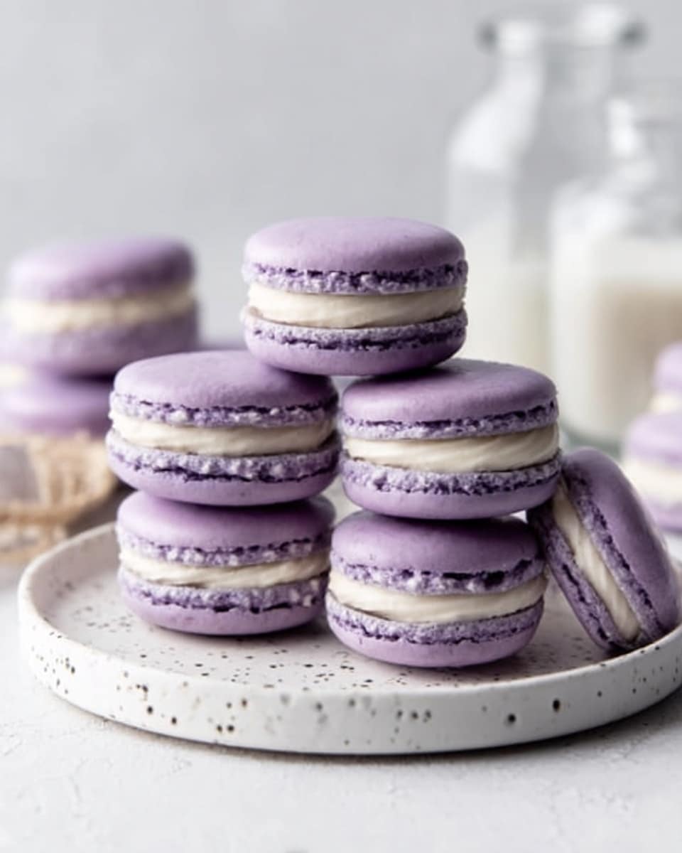 A white speckled plate holds a pile of eight purple macarons with smooth shells and creamy white filling. The macarons are neatly stacked in the center, with two more purple macarons placed on the white marbled surface beside the plate. The background is softly blurred with two clear glass bottles adding a light, airy feel. The texture of the macarons is clear, showing smooth, crisp tops and the fluffy cream layer in the middle. Photo taken with an iphone --ar 4:5 --v 7