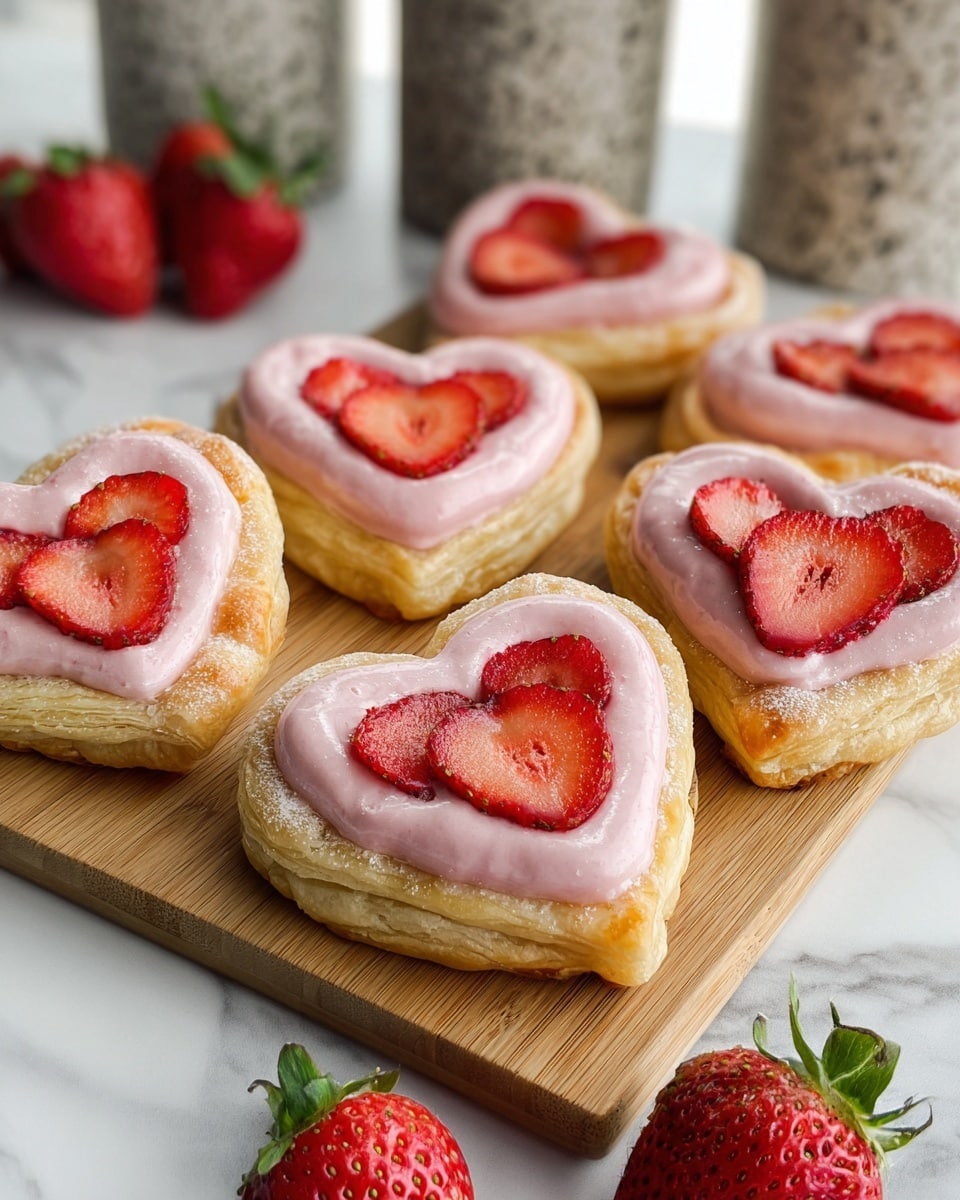 The image shows several heart-shaped pastries placed on a wooden board with a white marbled texture beneath it. Each pastry has a base layer of golden-baked dough that looks light and fluffy. On top of this base is a thick layer of pink frosting or cream that fills the heart shape, slightly raised and smooth in texture. Scattered on the pink cream are fresh, sliced strawberries with a deep red color, adding a textured and juicy appearance. Around the pastries, there are a few whole strawberries with green leaves visible, adding a fresh touch. Two blurred gray containers are in the background. photo taken with an iphone --ar 4:5 --v 7