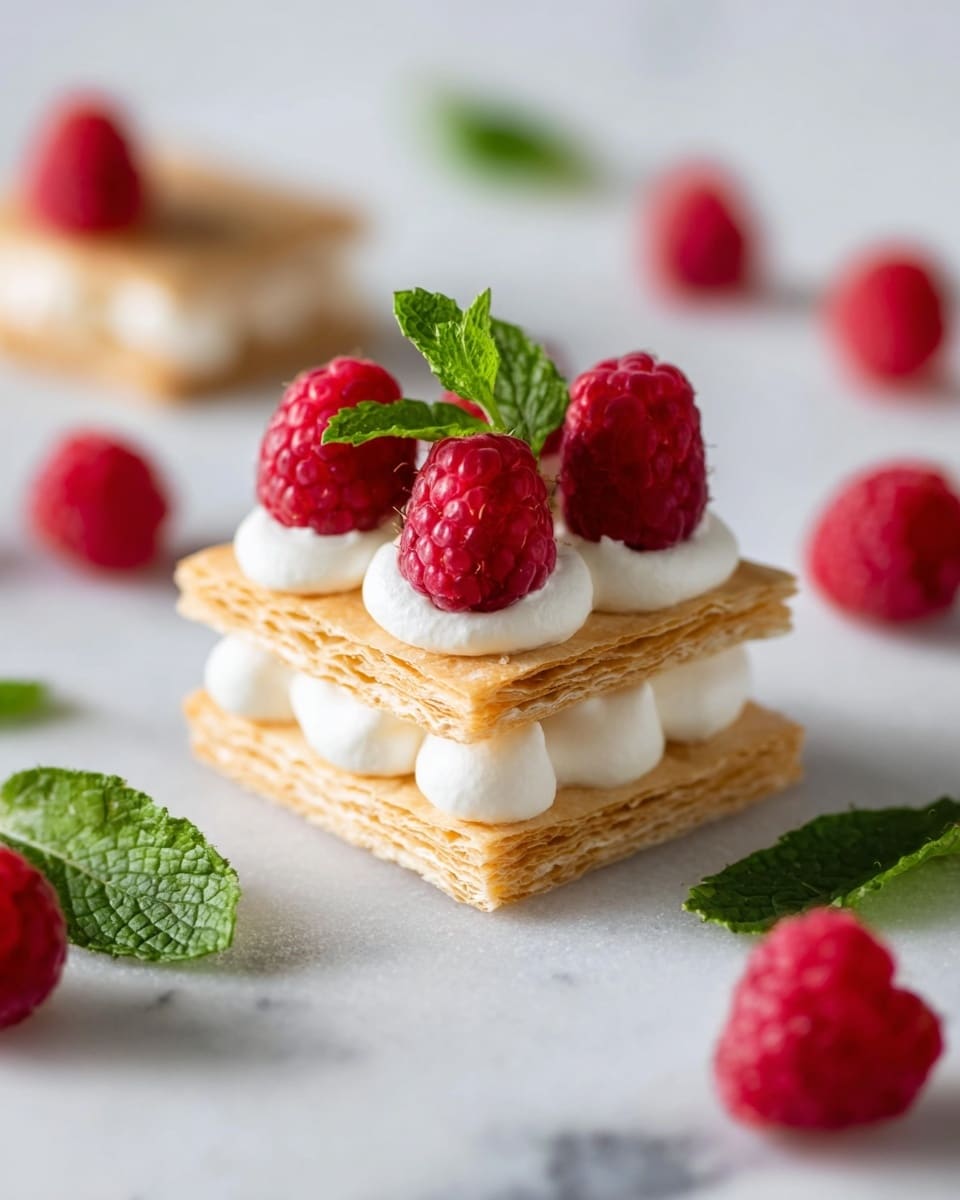 The image shows a small, elegant dessert with two layers of thin, golden-brown pastry stacked with white cream dollops in between. On top, there are three bright red raspberries sitting on cream dots, with a small green mint leaf garnish in the center. Around the dessert, fresh raspberries and green mint leaves are scattered on a white marbled surface, adding color contrast and a fresh look. photo taken with an iphone --ar 4:5 --v 7