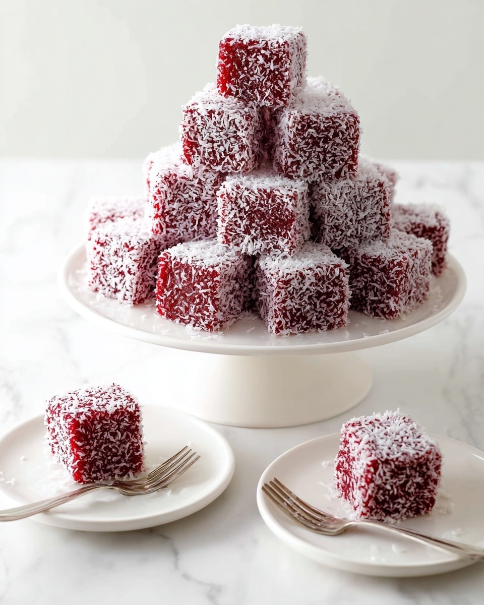 A white pedestal plate holds a stack of fluffy pink cubes coated completely with a layer of white shredded coconut, giving them a soft, textured look. The cubes are slightly translucent with a smooth, jelly-like pink inside, and they form a pyramid shape with about three layers visible. Around the main plate, two white round plates each have one of these pink coconut-covered cubes placed near a gold fork, resting on a white marbled surface. The overall scene is bright and clean, focusing on the contrast between the deep pink cubes and the pure white coconut and plates. Photo taken with an iphone --ar 4:5 --v 7
