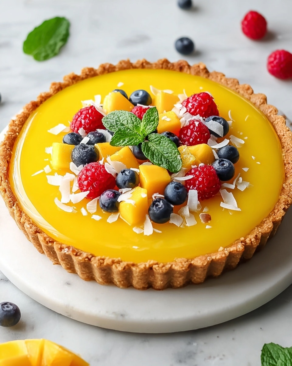 A round tart with a golden brown crust forms the base layer, holding a smooth, shiny bright yellow mango filling that fills the tart evenly. On top, there is a colorful layer of fruit with chunks of yellow mango, deep red raspberries, dark blue blueberries, and small white slivers of coconut, arranged loosely in the center. A small fresh green mint sprig sits right in the middle of the fruit, adding a touch of color contrast. The tart is placed on a white plate set on a white marbled surface, with some scattered raspberries and mint leaves around it for decoration. photo taken with an iphone --ar 4:5 --v 7
