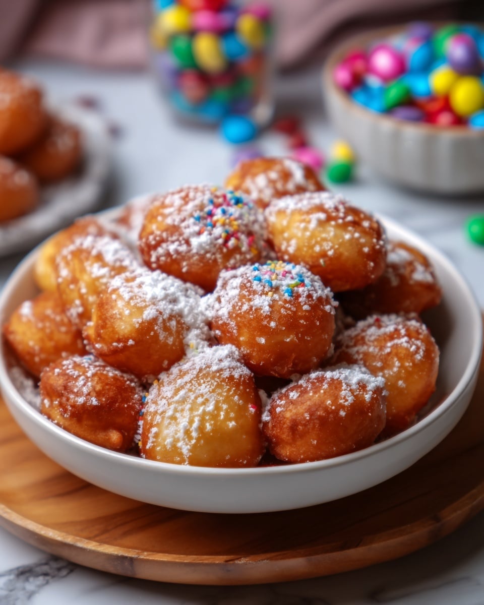 A white shallow bowl is filled with many small, round golden-brown doughnuts stacked in layers, each doughnut shiny with a glaze that gives a glossy texture. The top layer of doughnuts is sprinkled generously with white grated coconut, adding texture contrast. The bowl sits on a round wooden board, with a blurred background showing multicolored candies in a white bowl. The surface beneath the bowl is a white marbled texture. photo taken with an iphone --ar 4:5 --v 7