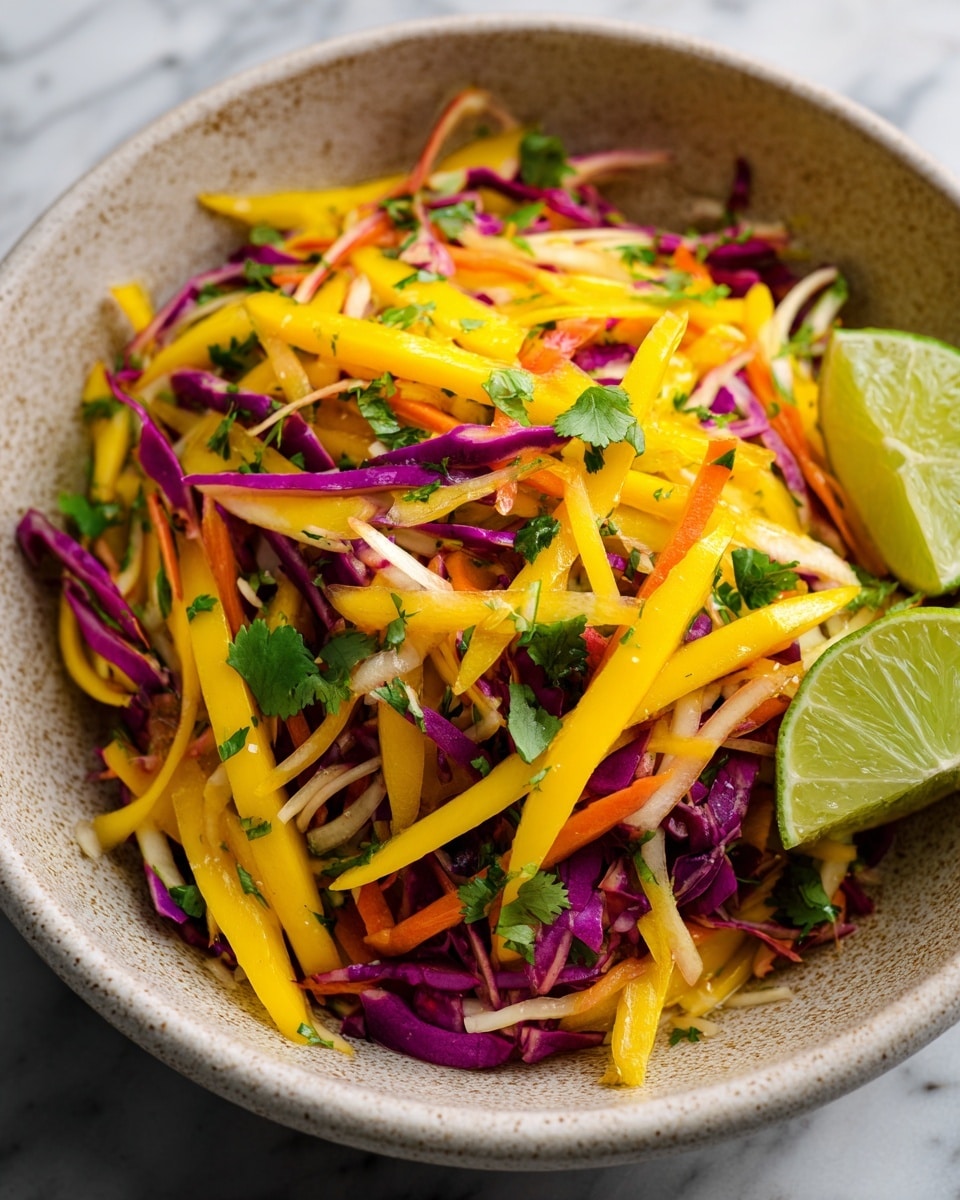A bowl filled with a fresh, colorful salad made of thin strips of yellow mango, purple cabbage, and orange carrot, all mixed together and topped with chopped green herbs. The salad sits in a textured dark bowl with a wedge of lime resting on the edge. The background is a white marbled texture. photo taken with an iphone --ar 4:5 --v 7