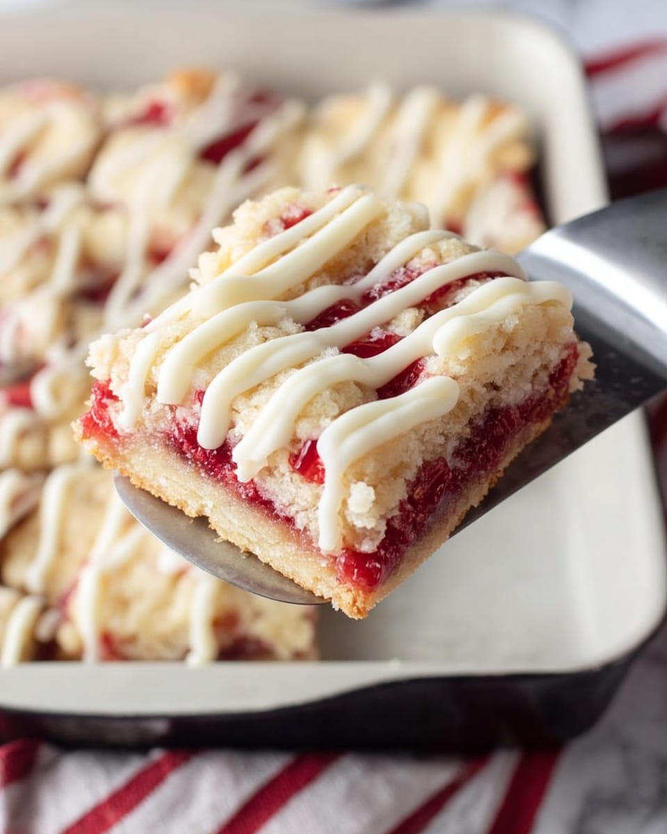 A close-up of a square piece of dessert being lifted with a metal spatula, showing three main layers: the bottom layer is soft and red, likely a cherry or berry filling, the middle layer is light and crumbly with a pale beige color, resembling a biscuit or cake, and the top layer is creamy white icing drizzled in thick lines across the surface. The dessert is part of a larger batch still in a white baking pan with more pieces topped with similar icing. The background is a white marbled texture with part of a red-striped cloth visible. Photo taken with an iphone --ar 4:5 --v 7