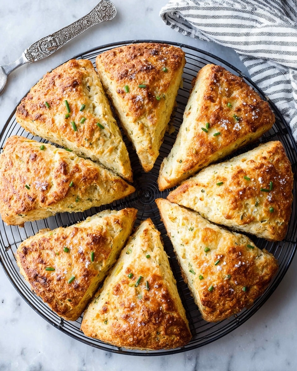 Eight golden brown scones arranged in a circle on a round black wire rack over a white marbled surface, each scone with a rough, crumbly texture and sprinkled with small salt flakes and green herb bits. The scones are thick and triangular with slightly darker edges. A silver spreading knife with a decorative beaded handle rests near the top left, and a striped cloth is draped at the top right corner. The lighting highlights the warm tones and crunchy surface of the scones. photo taken with an iphone --ar 4:5 --v 7