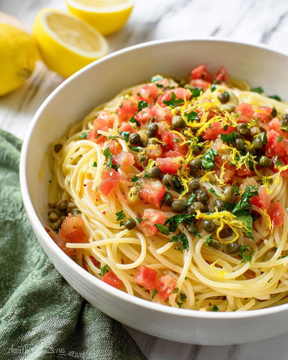 A white bowl filled with spaghetti pasta as the base, light yellow in color and smooth in texture, topped with small chunks of red tomatoes scattered throughout. There are dark green capers spread over the dish, along with bright yellow lemon zest sprinkled on top. Fresh green parsley leaves are also sprinkled evenly, adding a touch of freshness. The bowl is placed on a soft green cloth with a white marbled surface underneath, and blurred lemons are seen in the background. photo taken with an iphone --ar 4:5 --v 7