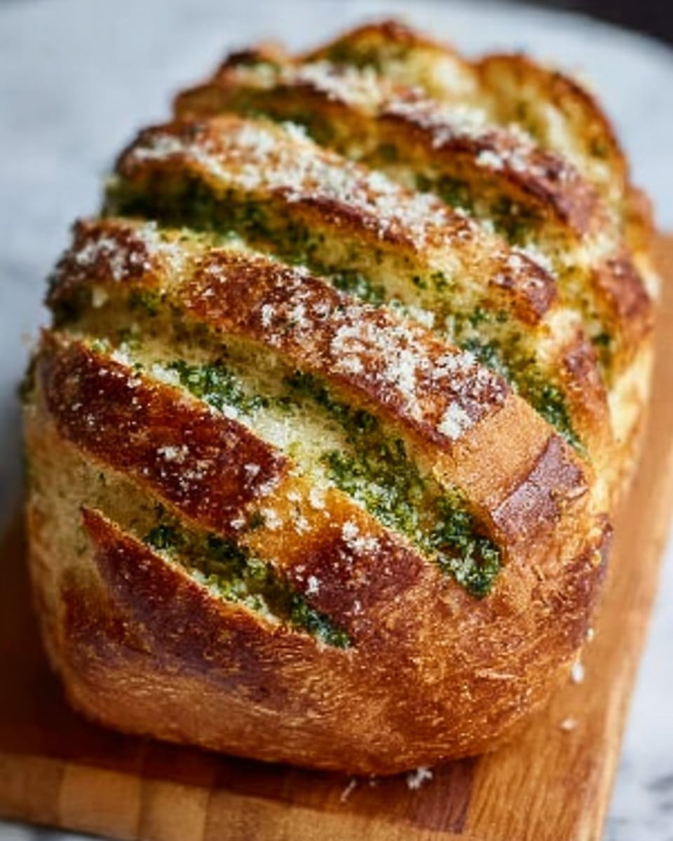 A golden-brown loaf of bread with a crusty texture sits on a wooden board, showing several deep diagonal cuts across its top. Inside each cut is a bright green herb filling, giving a burst of color against the warm, toasted surface. The crust has a light sprinkle of coarse salt, adding a bit of texture and shine. The bread looks freshly baked with a soft, fluffy inside just visible under the crust. The scene is set against a white marbled texture. Photo taken with an iphone --ar 4:5 --v 7