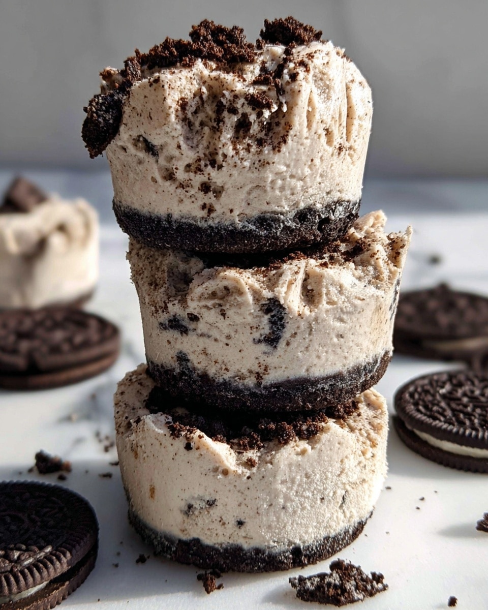A close-up shot of three stacked cookies and cream mini cheesecakes, each with three layers: a bottom crumbled cookie layer, a middle thick creamy layer with dark cookie bits mixed in, and a top fluffy white cream layer sprinkled with crushed cookie crumbs; the edges of the creamy layers show texture with small holes and ridges, and loose cookie crumbs surround the stack on a white marbled surface with two whole cookies nearby in soft focus in the back photo taken with an iphone --ar 4:5 --v 7