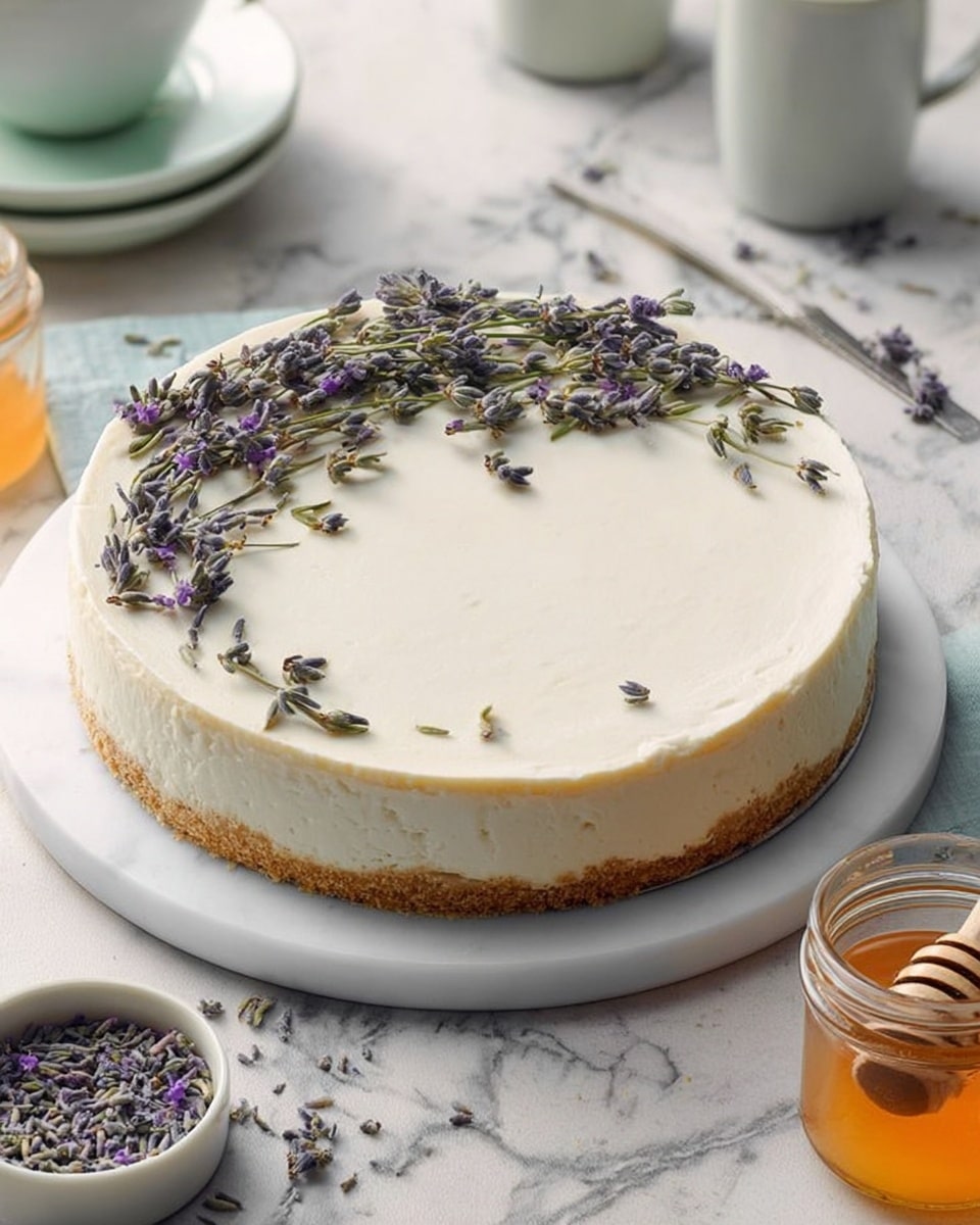 A round cake with two visible layers sits on a white plate on a white marbled surface; the bottom layer is light brown and crumbly, while the top layer is thick and creamy white with a smooth texture. The top of the cake is decorated with a cluster of small, matte green and purple sprigs of lavender arranged along one side, with scattered small purple lavender buds sprinkled lightly around the decoration. Nearby, there is a small white bowl filled with dried lavender buds and a jar of golden honey with a honey dipper resting inside. The image shows soft natural light and calm, neutral colors. Photo taken with an iphone --ar 4:5 --v 7