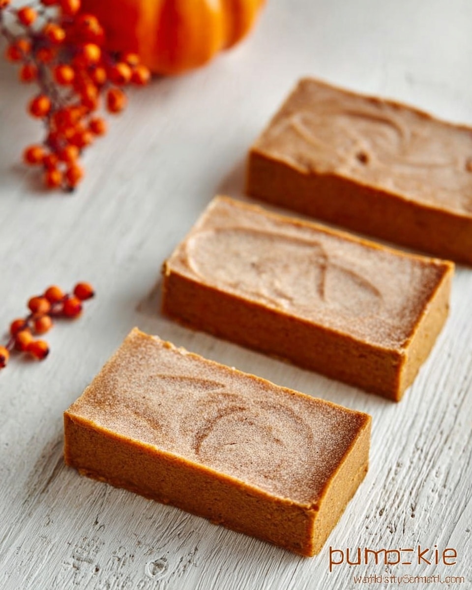 The image shows three rectangular pumpkin spice soap bars arranged diagonally on a white wooden surface with small orange berry branches in the top left corner. Each soap bar is a warm, light brown color with a smooth texture and a subtle swirl pattern on top. The bars have sharp edges and look cleanly cut. The overall scene is bright with soft natural light. photo taken with an iphone --ar 4:5 --v 7