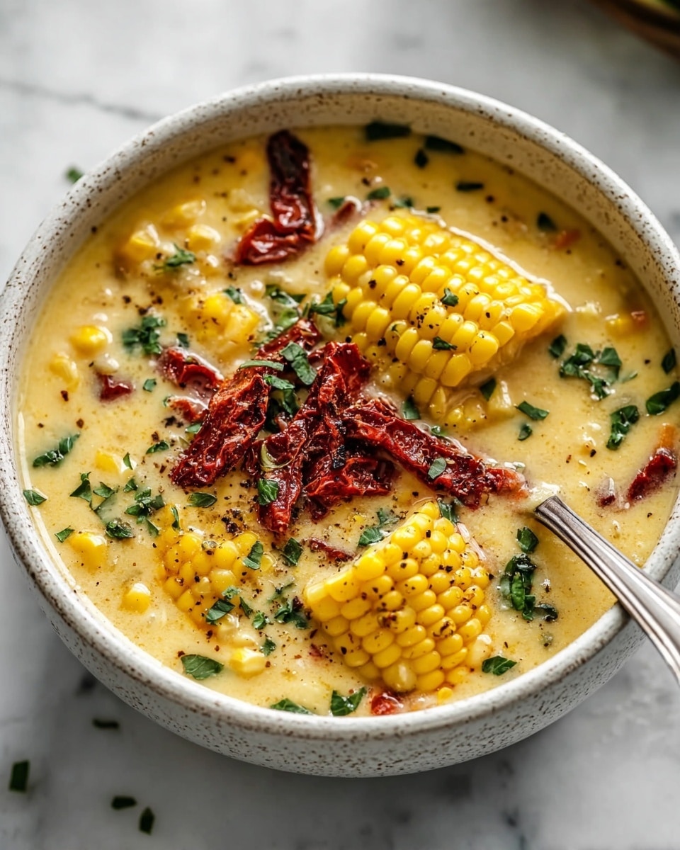 A white speckled bowl filled with creamy soup that has chunks of bright yellow corn and small green herb pieces throughout the mixture. On top, pieces of grilled corn and dark red sun-dried tomatoes are placed, adding texture and color contrast. The soup is sprinkled with black pepper and red spice flakes, and a silver spoon rests inside the bowl. The bowl sits on a white marbled surface. photo taken with an iphone --ar 4:5 --v 7
