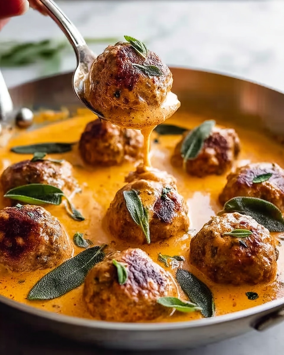 A close-up view of a pan filled with several browned meatballs sitting in a thick, orange creamy sauce. The sauce has a smooth texture with visible small green herb leaves, some floating on the surface. A silver spoon is held by a woman's hand above the pan, lifting one meatball covered in sauce and garnished with a single green leaf on top. The pan rests on a white marbled surface, and the background is softly blurred with warm tones. Photo taken with an iphone --ar 4:5 --v 7
