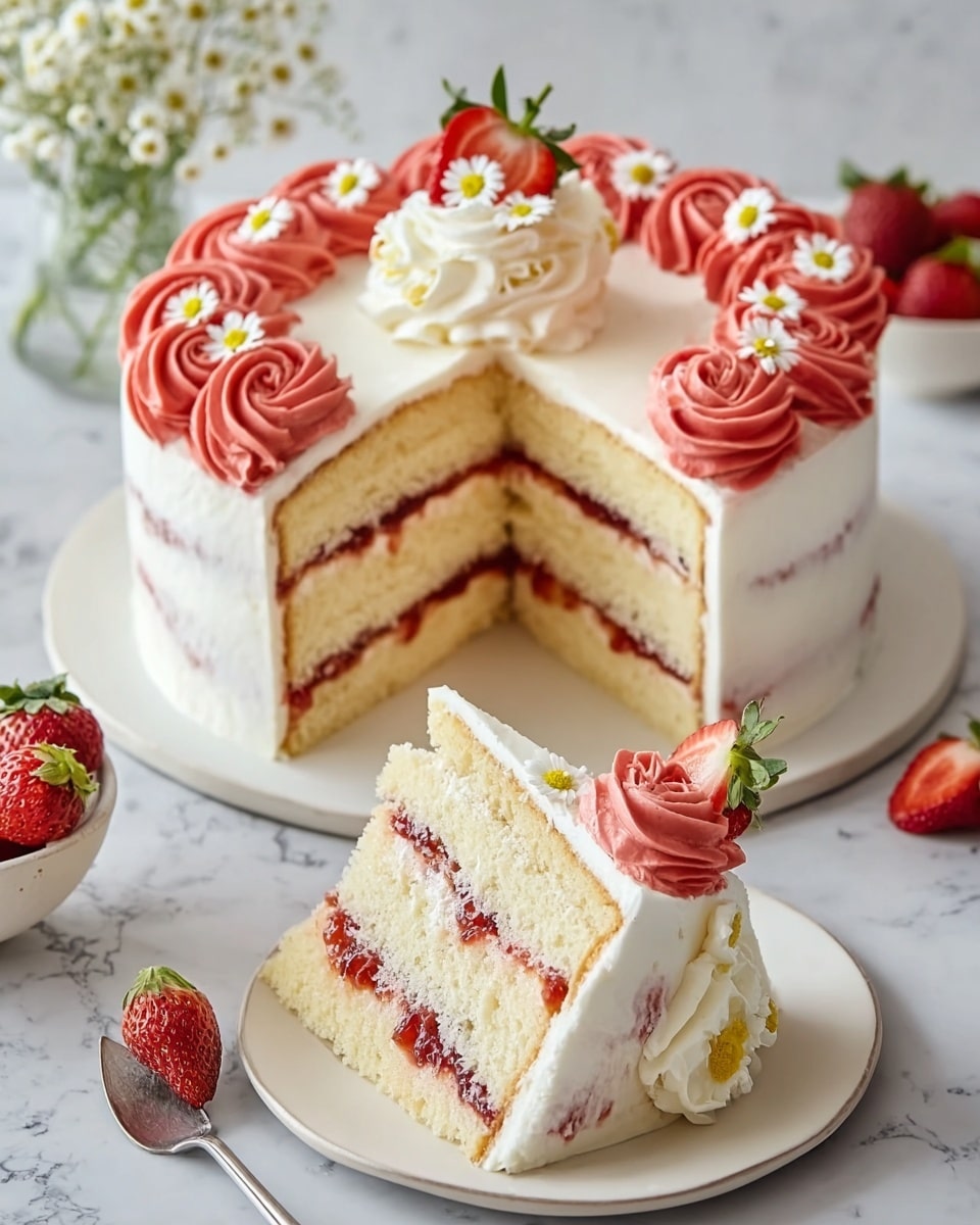The image shows a three-layer white sponge cake with smooth white frosting covering the outside. Between each sponge layer is a thin layer of red strawberry jam and white cream. The top of the cake is decorated with a ring of red strawberry jam swirls and a central cluster of white whipped cream topped with three fresh strawberries, one whole and two sliced. One slice is cut out and placed on a white plate in front of the cake, showing the even layers inside, with a strawberry half on top of the slice’s whipped cream decoration. The cake and plate rest on a white marbled surface, with small white and yellow flowers scattered around. In the back, there is a small white bowl filled with strawberries and a glass jar with white flowers. photo taken with an iphone --ar 4:5 --v 7