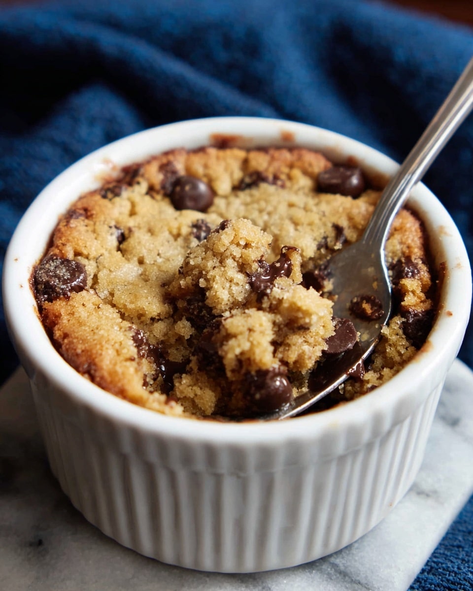 A close-up view of a baked chocolate chip cookie in a white round ramekin, showing a thick, golden brown top layer with a rough, crumbly texture and visible dark chocolate chunks scattered throughout. A silver spoon scoops into the cookie, pulling up a soft, slightly gooey, lighter golden inside texture with melty chocolate bits. The ramekin sits on a white marbled surface with a dark navy fabric partially visible next to it. photo taken with an iphone --ar 4:5 --v 7