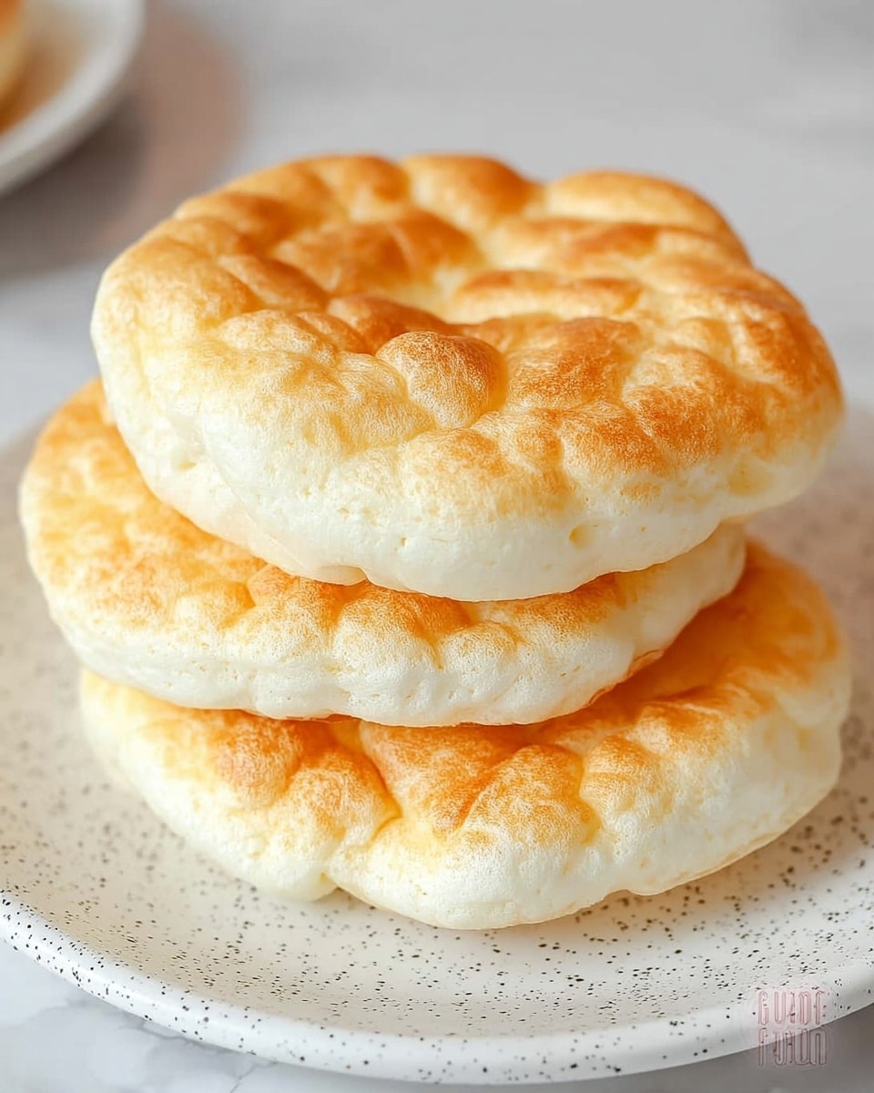 A close-up image of three cloud bread pieces stacked on a white plate with black speckles, placed on a white marbled surface. Each cloud bread is round and fluffy with a lightly golden-brown, uneven, puffed-up top layer showing soft, rounded bubbles. The sides and bottom of the bread are lighter in color, almost white, and look soft and airy. The bread's texture is airy and light, with a slightly crispy top. Photo taken with an iphone --ar 4:5 --v 7