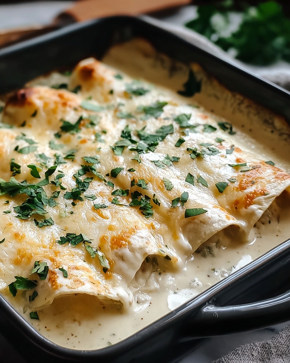 The image shows a close-up of three rolled enchiladas placed side by side in a dark rectangular baking dish. Each enchilada is covered with a thick, creamy white cheese sauce that is melted and slightly browned on top, creating a golden patchy texture. Fresh green chopped herbs are sprinkled over the melted cheese, adding a fresh contrast to the creamy white and golden colors. The baking dish is set on a white marbled surface with a white cloth partially visible nearby. photo taken with an iphone --ar 4:5 --v 7