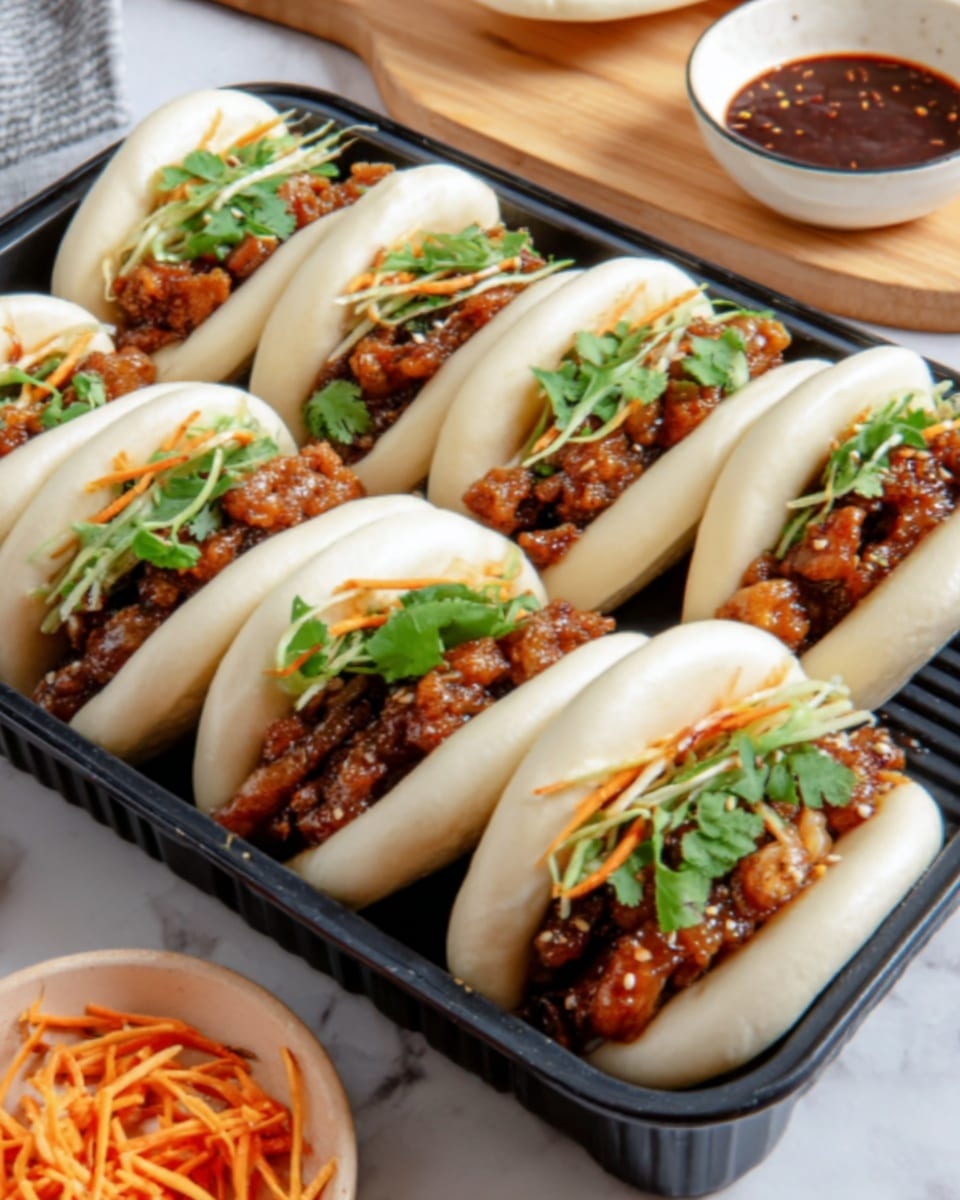The image shows a white rectangular tray filled with eight steamed white bao buns arranged in two rows. Each bun is slightly open, revealing a rich filling inside. The filling consists of dark brown, glazed pieces of meat topped with fresh green herbs and small white sesame seeds. Thin strips of light orange carrot add a layer of color and texture inside the buns. In the background, there is a white bowl filled with sauce and a wooden board that holds extra carrot strips, all placed on a white marbled surface. photo taken with an iphone --ar 4:5 --v 7