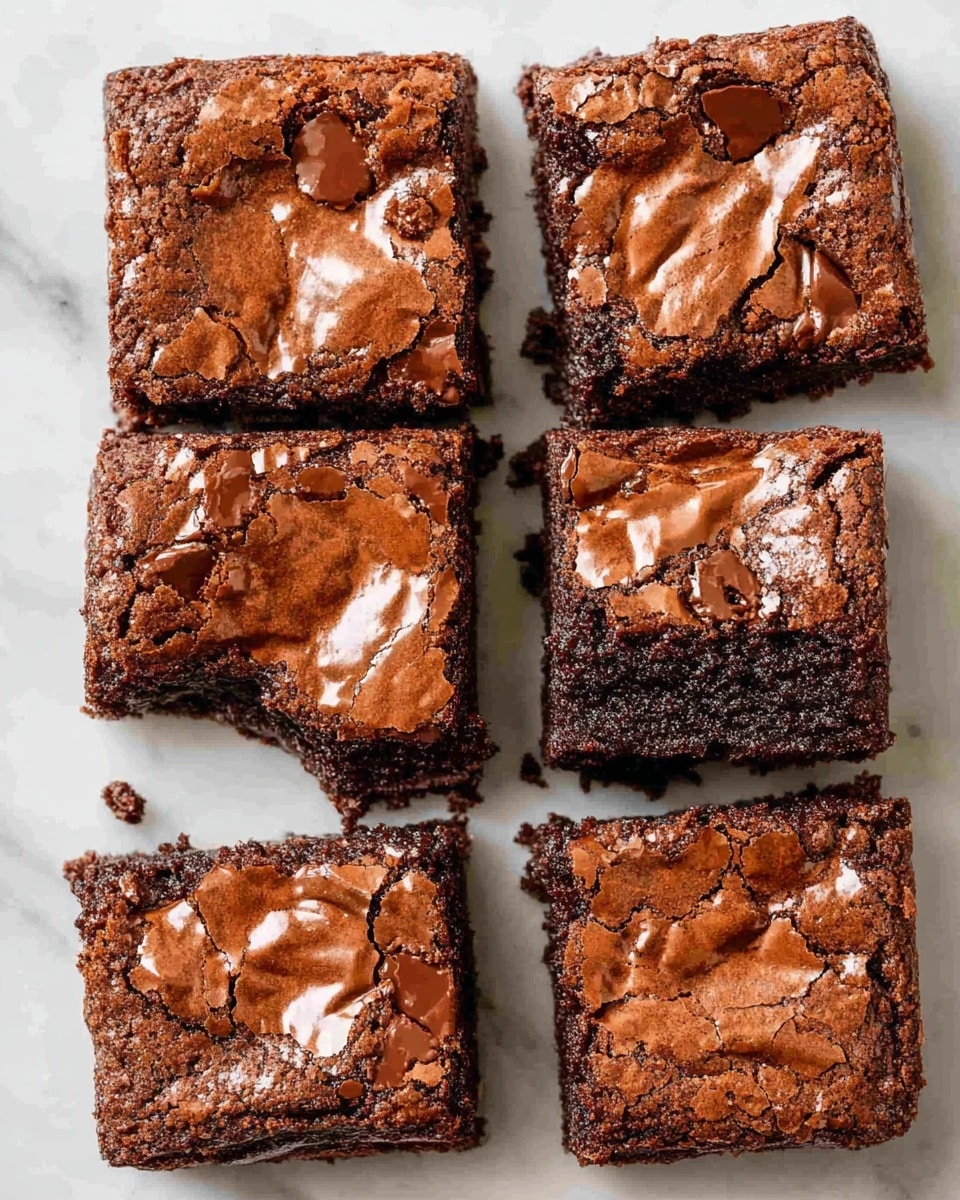 Six square chocolate brownies are arranged in two columns and three rows on a white marbled surface. Each brownie has one thick, dark brown bottom layer that looks moist and dense, and a thin shiny crust layer on top with a cracked texture in a lighter brown shade. Some brownies show melted chunks of dark chocolate peeking through the top crust near the edges. The brownies have crumbly sides with small crumbs scattered around them. The lighting highlights the glossy shine on the crust, giving a fresh and rich look. photo taken with an iphone --ar 4:5 --v 7