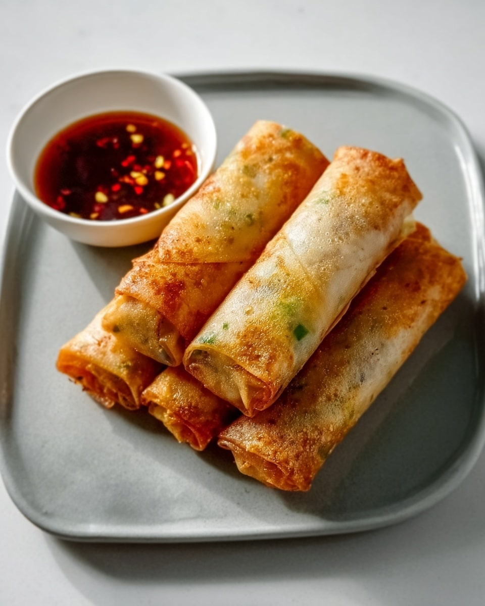 The image shows five golden-brown spring rolls arranged neatly on a black square plate. Each spring roll has a crispy, bubbly texture with light and dark browned spots. In the top left corner of the plate, there is a small white bowl filled with a dark red dipping sauce sprinkled with crushed red chili flakes. The plate is placed on a white marbled surface. Photo taken with an iphone --ar 4:5 --v 7