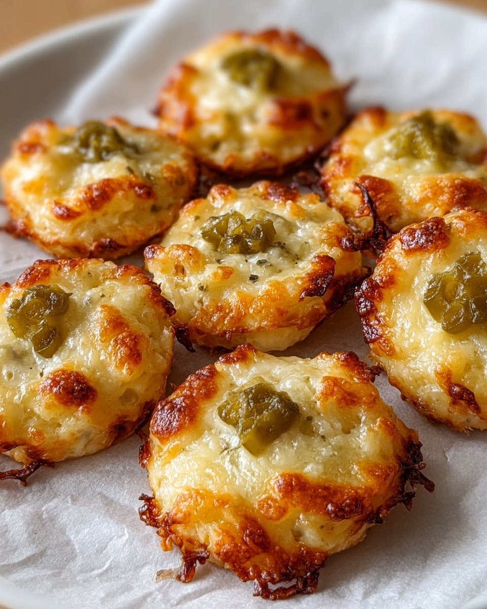 The image shows eight small, round cheese bites on a white plate with a white marbled background. Each cheese bite has two main layers: the bottom and edges are golden-brown and crispy with a slightly rough texture, while the top is a smooth, melted white cheese layer sprinkled with black herbs. On the center of each cheese bite are small green pickled jalapeño pieces creating contrast in color and texture. The cheese bites are tightly placed close to each other, and the lighting highlights their melted, gooey appearance. photo taken with an iphone --ar 4:5 --v 7