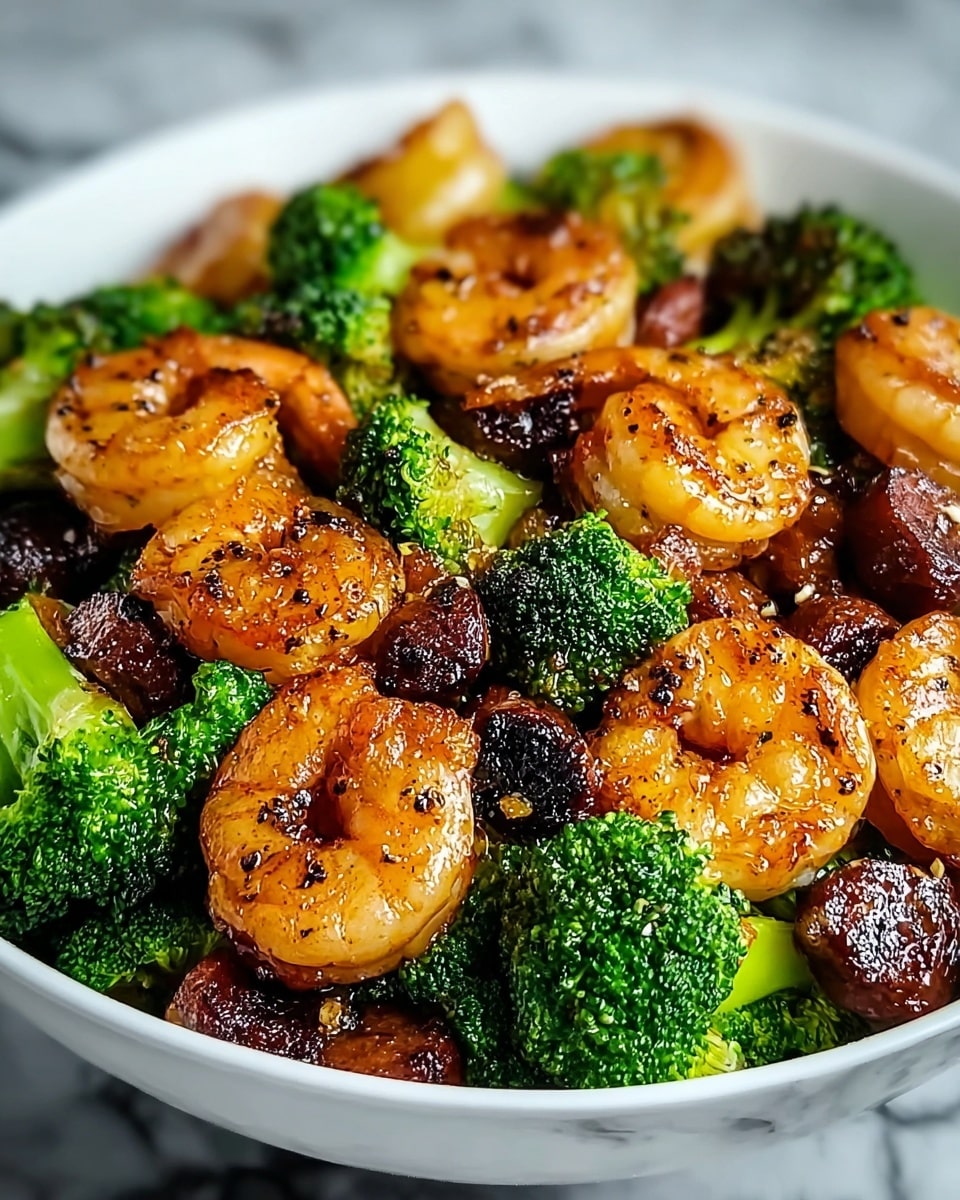A white bowl filled with a colorful mix of cooked shrimp, broccoli, and small browned sausage pieces. The shrimp are golden brown with a glossy, slightly caramelized texture, arranged in soft, curved shapes on top. Bright green broccoli florets with a lightly shiny surface are scattered between the shrimp, adding contrast. Small sausage pieces, dark brown and glistening, are interspersed throughout, giving a hearty look. The ingredients have a speckling of black pepper and a light glaze, making the dish look very fresh and flavorful, all set against a background of white marbled texture. photo taken with an iphone --ar 4:5 --v 7
