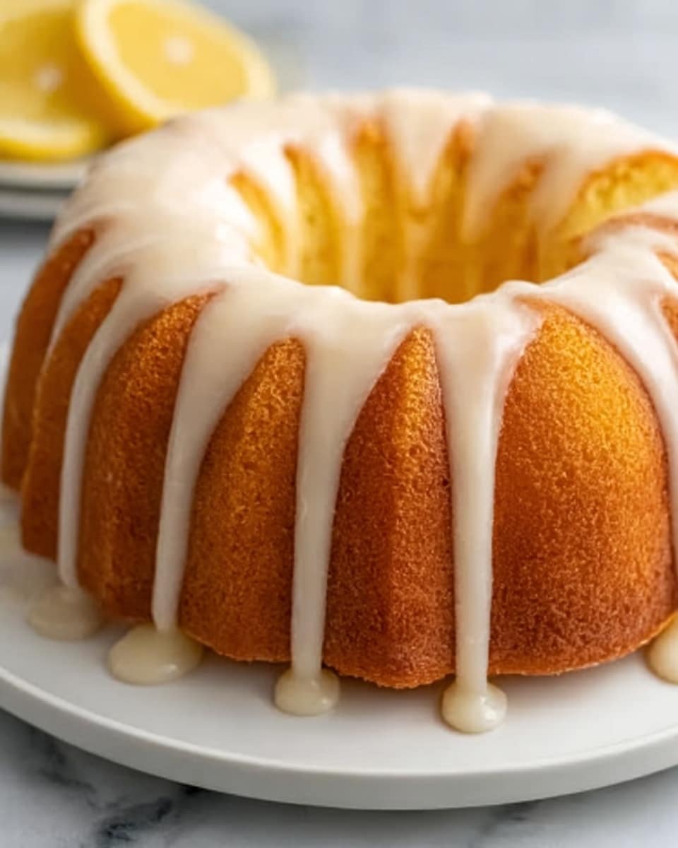 A round bundt cake with two layers is shown on a white plate. The bottom layer is a golden brown with a soft texture, and the top layer is light yellow with a smooth, slightly shiny surface. The cake is topped with a drizzle of light, creamy white icing that flows down the sides in thin, uneven lines. The background is a white marbled texture with a few green and yellow lemons slightly blurred behind the cake. Photo taken with an iphone --ar 4:5 --v 7