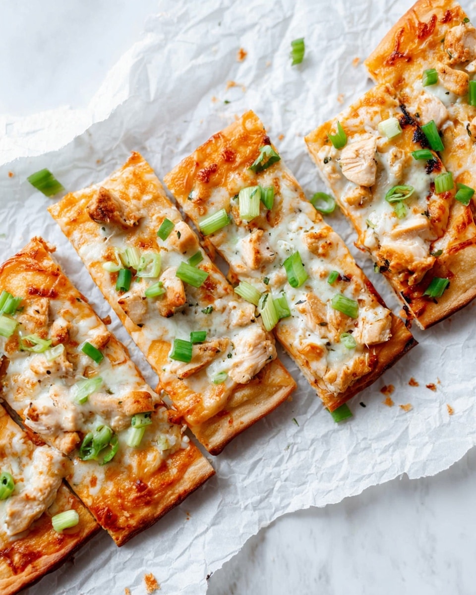 Four rectangular slices of pizza are placed on crinkled white paper over a white marbled surface. Each slice has a thin, golden brown crust at the base. The first layer is a light orange cheese sauce spread thinly over the crust. On top of that, there are patches of melted white cheese with a soft, slightly browned texture. Small chunks of cooked, pale beige chicken are scattered evenly across the slices. Bright green chopped scallions are sprinkled on top, adding a fresh, vibrant color. The overall texture looks soft with a slight crispness on the crust edges. Photo taken with an iphone --ar 4:5 --v 7