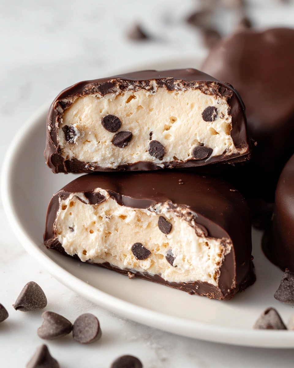 The image shows a close-up of a chocolate-covered treat cut in half, placed on a white plate with a few chocolate chips scattered around. The treat has two main layers: a thick, smooth, dark brown chocolate outer layer that is slightly glossy and firm, and inside a creamy, light beige filling mixed with small dark chocolate chips, giving a textured look. The layers stack evenly, with the chocolate coating around the soft, creamy center. Photo taken with an iphone --ar 4:5 --v 7