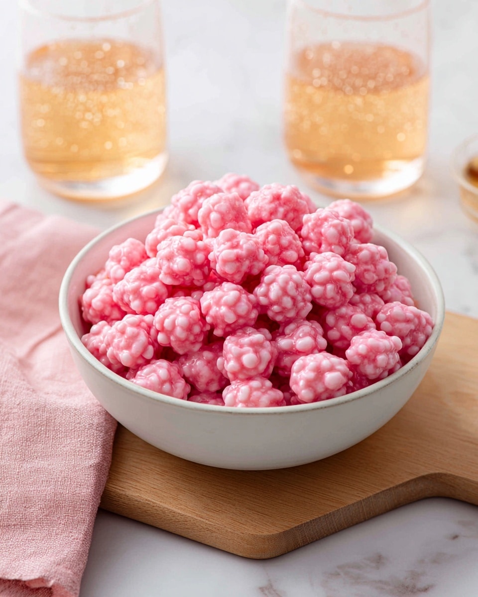 A white bowl filled with many pink, round clusters that have a rough, bumpy texture, looking creamy and coated thickly with a glossy pink layer. The bowl is placed on a wooden surface next to two glasses—one clear with a pink drink and one clear with a brown drink. A folded pale pink cloth napkin lies beside the bowl. The background is a white marbled texture. Photo taken with an iphone --ar 4:5 --v 7