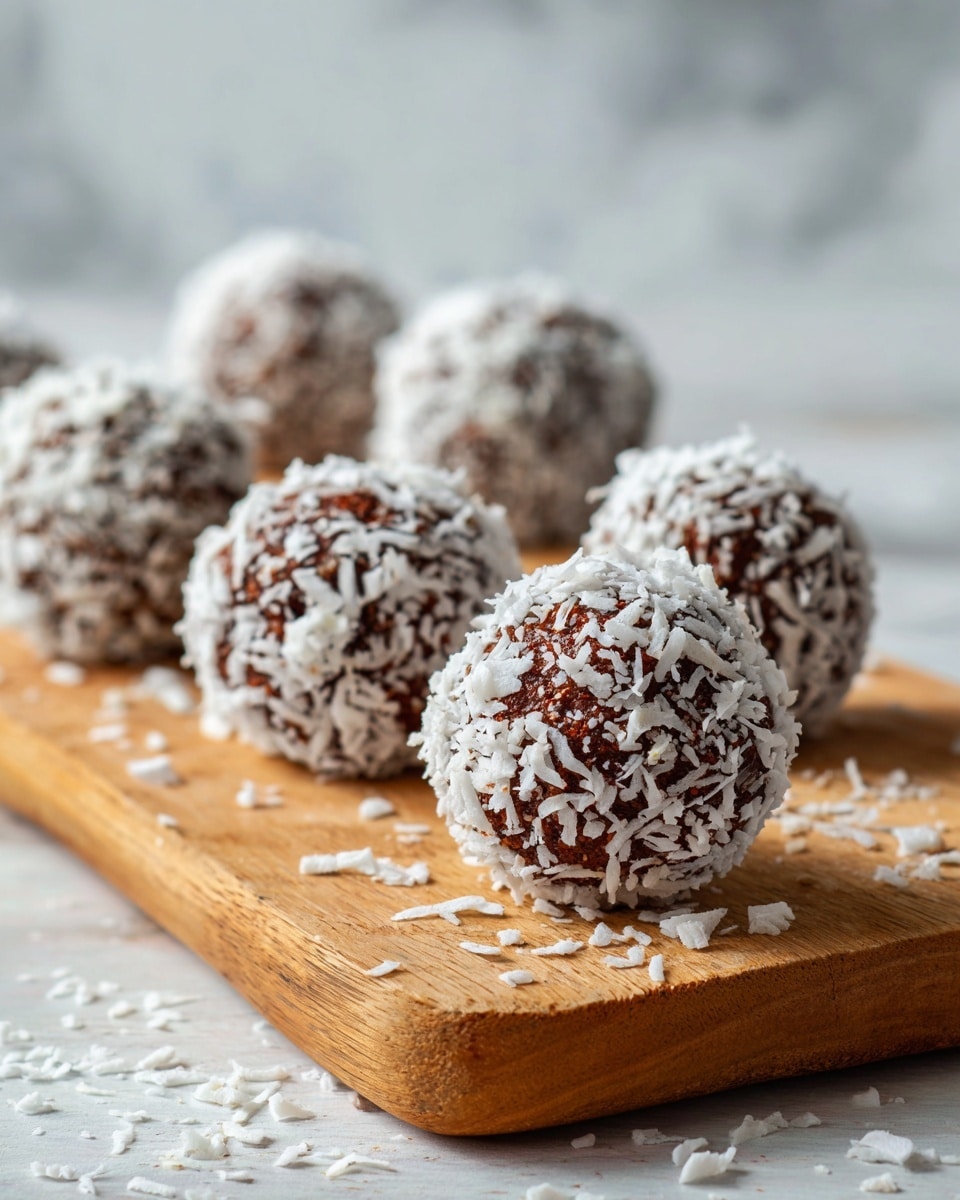 The image shows several round chocolate balls covered in white shredded coconut flakes, placed on a light brown wooden board with a natural grain texture. Each ball is evenly coated with the coconut, creating a mix of dark chocolate brown and bright white colors. The surface has scattered bits of coconut around the balls, adding a slightly messy but natural look. The lighting highlights the texture of both the chocolate and coconut flakes. The photo background is changed to a white marbled texture. photo taken with an iphone --ar 4:5 --v 7