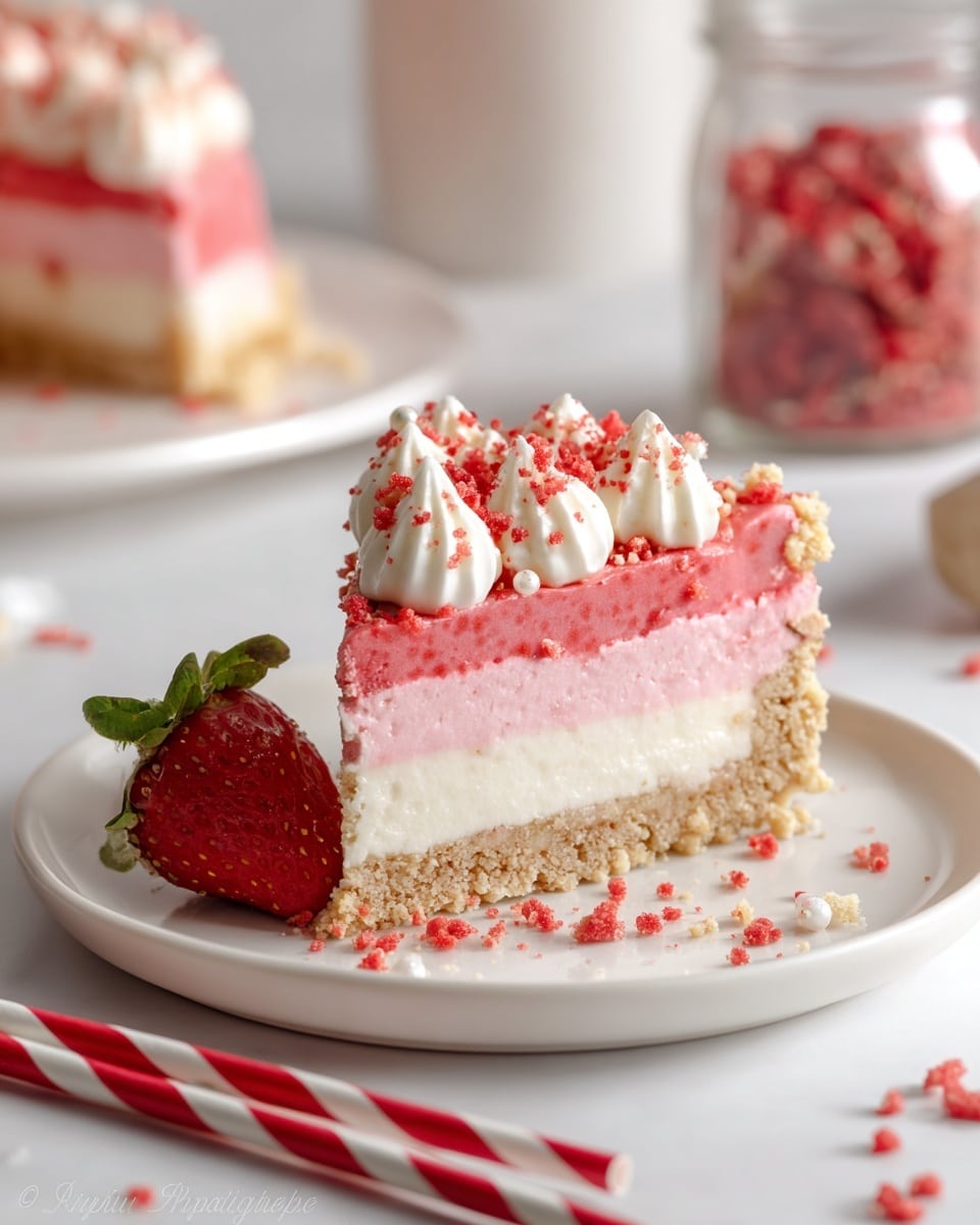 A slice of a two-layered cheesecake is shown on a white plate, resting on a white marbled surface. The bottom layer is a crumbly, golden-brown crust, topped by a thick, smooth white cream layer. Above this is a thick pink layer with a mousse-like texture. The cake is topped with a crumbly mix of pink and beige crumbs and decorated with three dollops of white cream around the edge. A fresh red strawberry with green leaves sits beside the cake slice. In the background, a blurred second slice of the cake and a jar filled with pink crumbs are visible. Two red and white striped straws lie near the plate. photo taken with an iphone --ar 4:5 --v 7