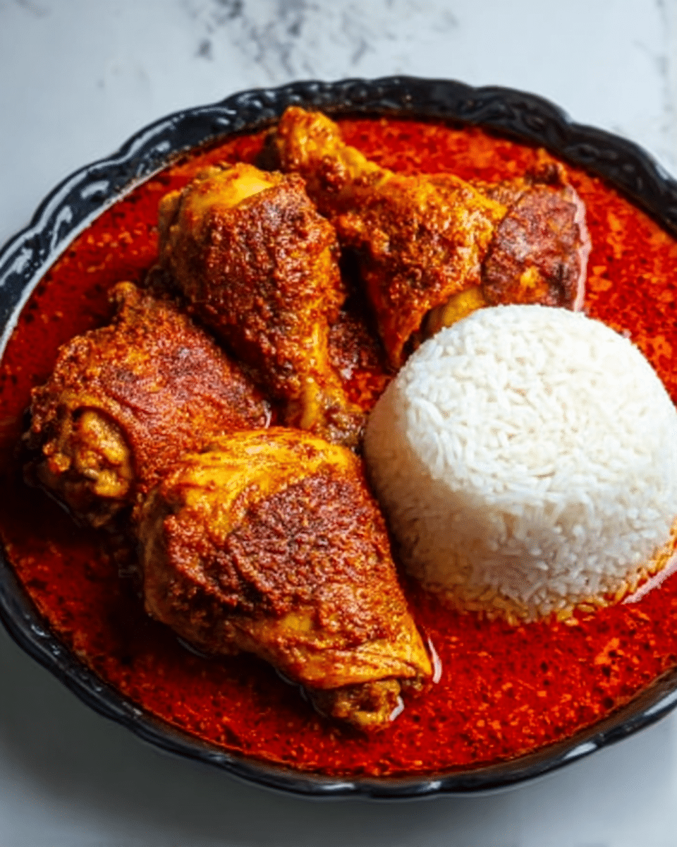 The image shows a white bowl filled with a rich red stew, with three cooked chicken pieces placed on top, each browned with a slightly crispy texture. Next to the chicken, there is a neat mound of white rice, softly shaped and smooth in texture. The stew looks thick and oily, covering the bottom of the bowl and surrounding the chicken. The bowl sits on a white marbled surface. Photo taken with an iphone --ar 4:5 --v 7
