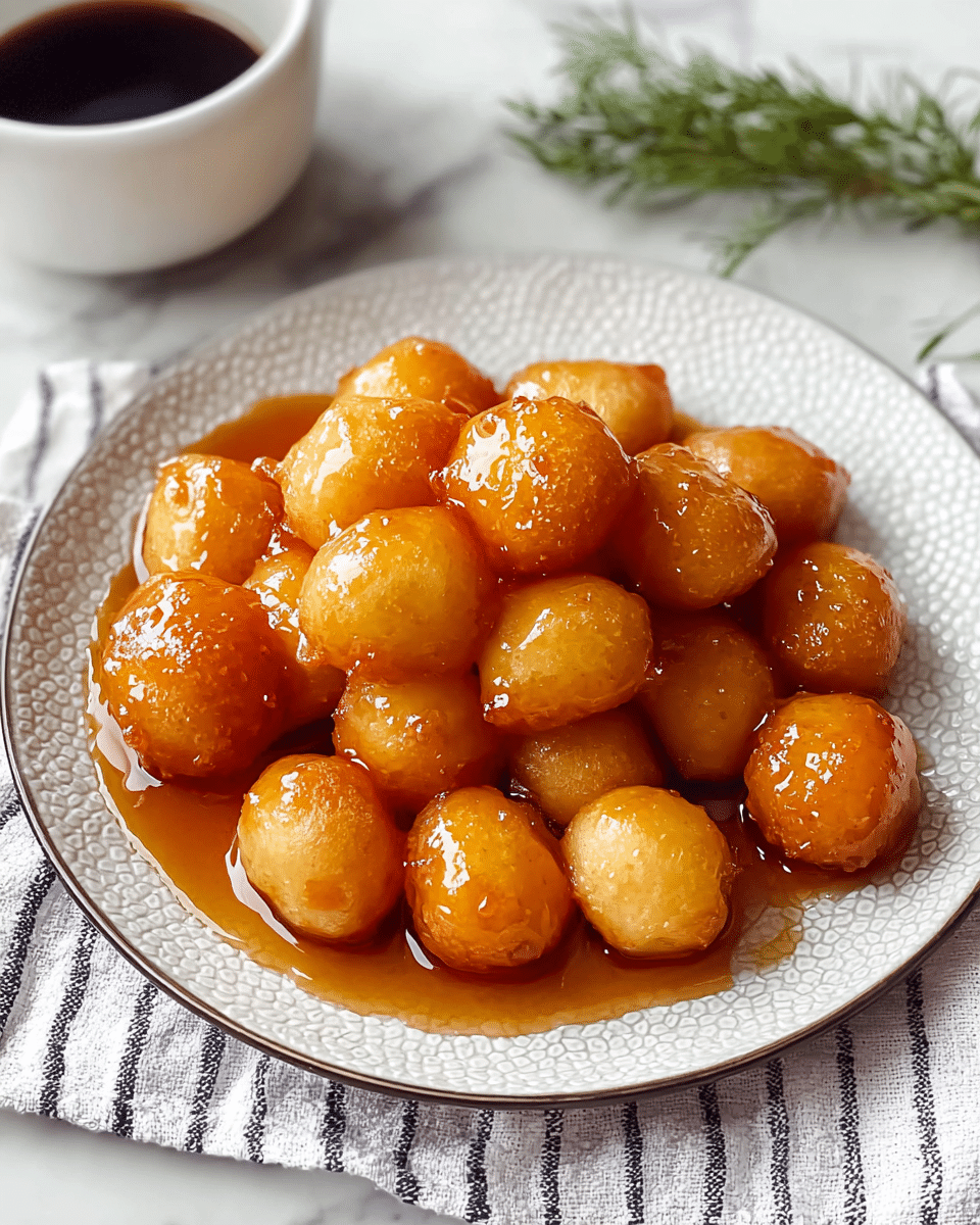 A white bowl filled with golden brown bite-sized fried dough balls that look crispy on the outside, sitting in a pool of shiny amber syrup. The dough pieces are round and uneven, with a smooth yet slightly rough texture, tightly packed in the center of the bowl. The bowl rests on a white marbled surface next to fresh green parsley, and a cup with a dark brown liquid is partially visible in the top left corner. The scene is brightly lit, showing the glossy syrup coating the dough perfectly. Photo taken with an iphone --ar 4:5 --v 7