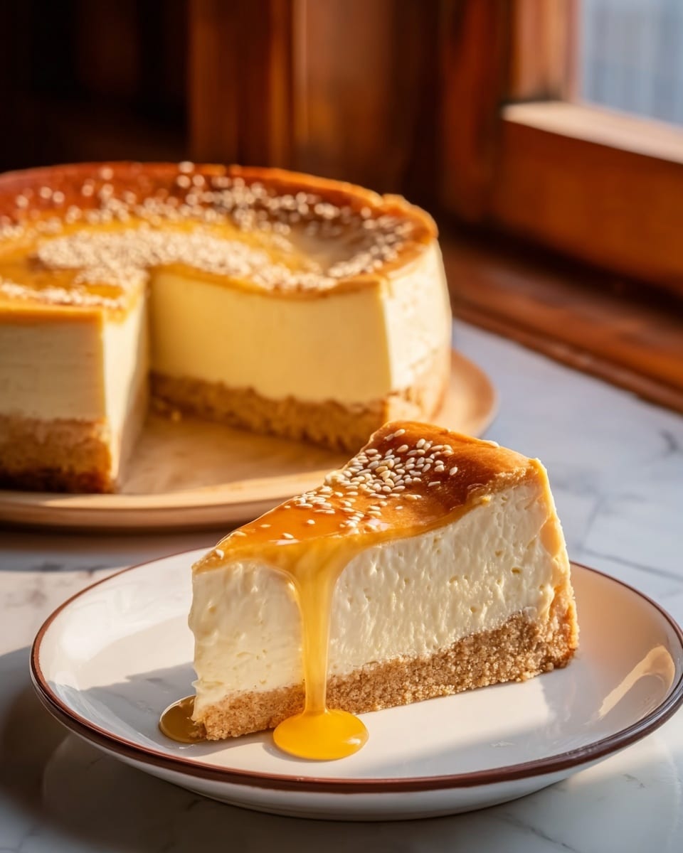 A slice of creamy cheesecake sits on a white plate with a golden-brown crust forming the bottom layer. The cheesecake layer is thick, smooth, and pale beige. On top, there is a shiny layer of honey or syrup dripping down the side, with some sesame seeds sprinkled over the syrup. Behind the slice, you can see the rest of the cheesecake with its tall crust and creamy center. The white plate is placed on a wooden surface near a window with warm sunlight coming through, but the surface is changed to a white marbled texture. Photo taken with an iphone --ar 4:5 --v 7