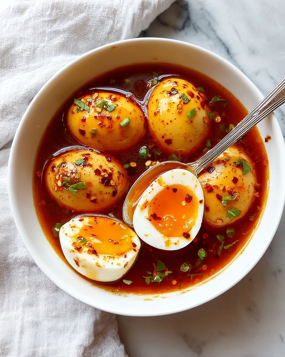 A white bowl filled with five halved eggs in a bright orange-red sauce, with visible chili flakes and small green onion pieces sprinkled on top. The sauce has a glossy texture and covers the eggs almost halfway. One spoon is lifting a half egg showing the soft juicy orange yolk inside, surrounded by smooth white egg whites. The bowl sits on a wooden surface with a white cloth nearby, all against a white marbled background. photo taken with an iphone --ar 4:5 --v 7
