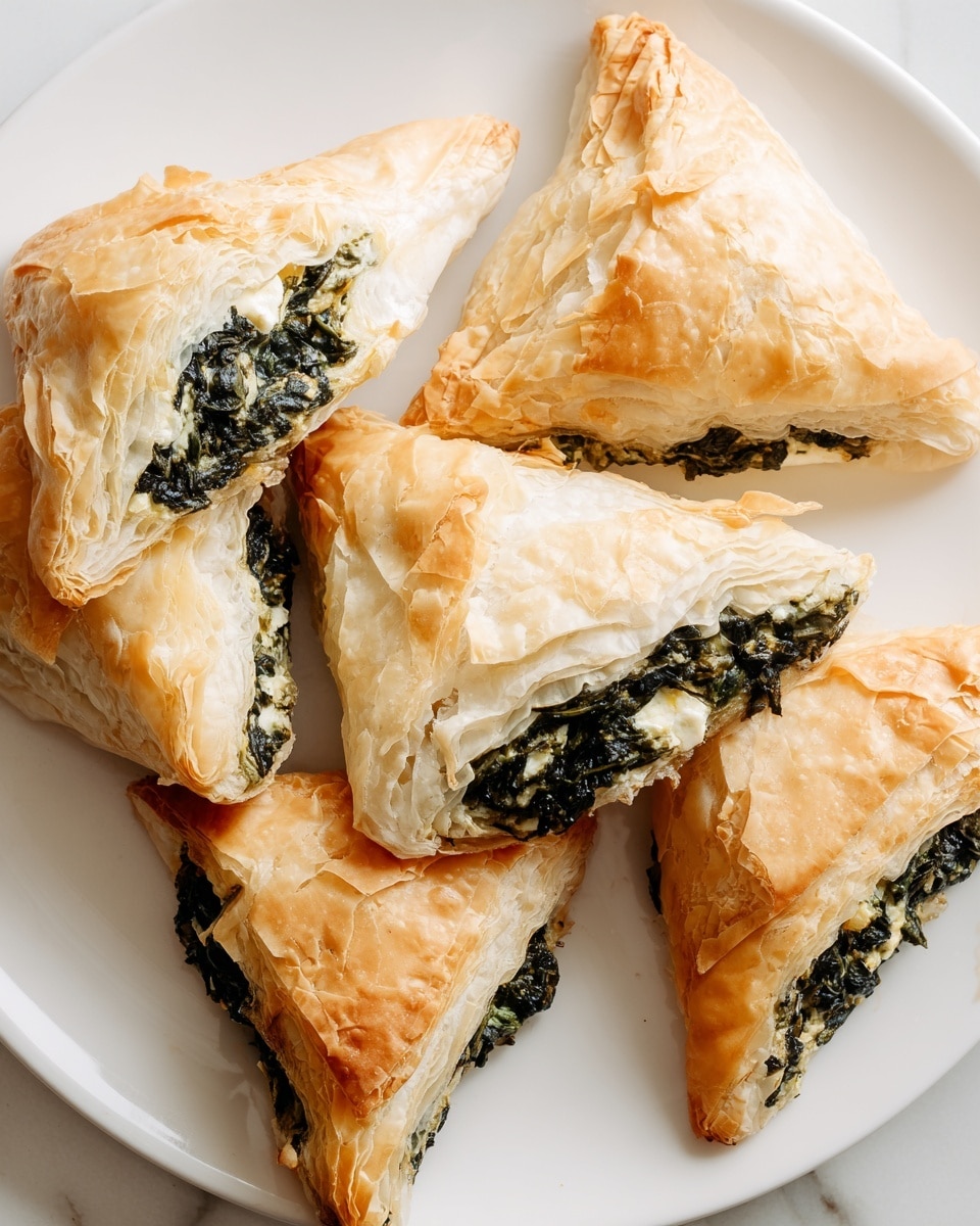 The image shows five triangular spinach and cheese puff pastries on a white plate. Each pastry has a golden, flaky, and layered puff pastry crust, with slightly browned edges and a textured surface. The filling is dark green spinach mixed with melted white cheese, visible through the open top edges of the triangles. The layers of the puff pastry are thick and crisp, contrasting with the soft, creamy filling inside. The plate is set on a white marbled surface. photo taken with an iphone --ar 4:5 --v 7