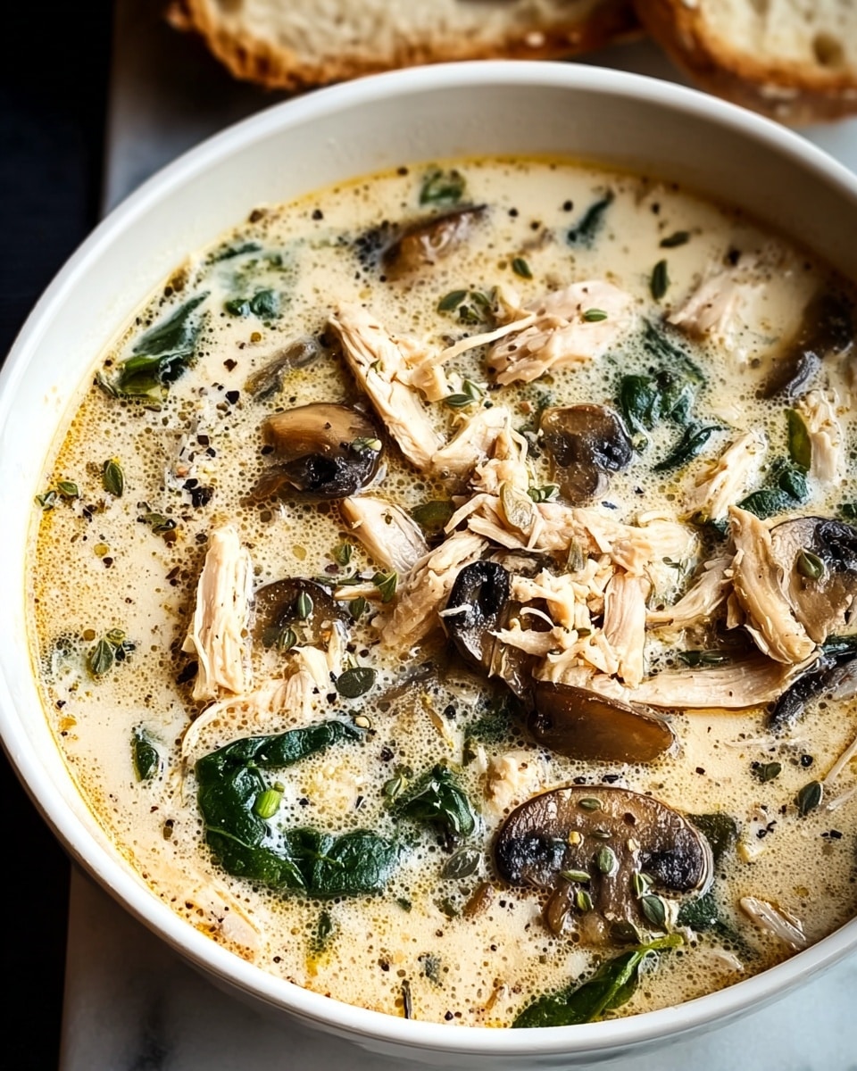 A white bowl filled with creamy soup showing several layers: the base layer is a light beige creamy broth with small bubbles on the surface; floating on top are shredded pieces of light brown chicken, dark brown and beige mushroom slices, and fresh dark green spinach leaves; sprinkled throughout are small herbs and seasoning bits adding texture and color contrast. The bowl rests on a white marbled texture background. Photo taken with an iphone --ar 4:5 --v 7