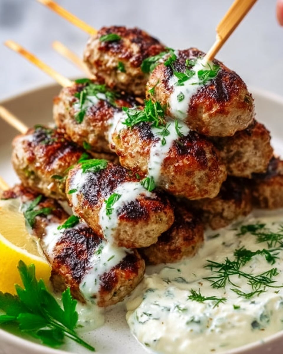 Three wooden skewers with grilled meatballs, each meatball browned and slightly charred for a crispy texture. The meatballs are arranged close together on a white plate with a white marbled background. A creamy white sauce with green dill is drizzled over the meatballs in thin lines, adding a fresh look. A wedge of yellow lemon sits at the top left of the plate, and a dollop of the same dill sauce with a sprig of fresh green parsley is placed on the right side of the plate. Photo taken with an iphone --ar 4:5 --v 7