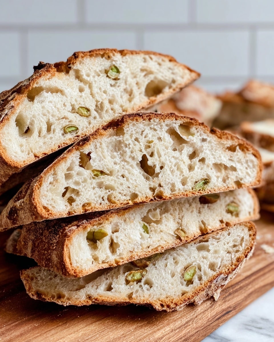 A close-up view shows a loaf of bread sliced into seven thick pieces, arranged slightly overlapping each other on a wooden board. The bread has a light brown, crunchy crust with some darker toasted spots on top, and a soft, airy inside with visible small holes and bits of green herbs scattered throughout the pale dough. The background is a white marbled texture with a white tiled wall in soft focus. photo taken with an iphone --ar 4:5 --v 7