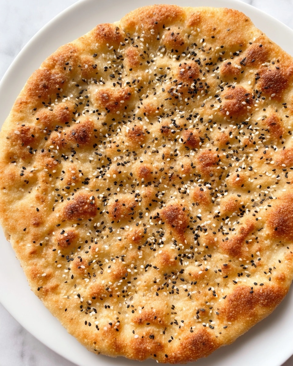 A single round flatbread with a golden brown, slightly uneven surface lay on a white plate. The flatbread is covered with scattered white and black sesame seeds, giving it a textured look. The bread’s surface has small raised bumps and darker toasted spots showing where it cooked unevenly. The background is a white marbled texture. Photo taken with an iphone --ar 4:5 --v 7