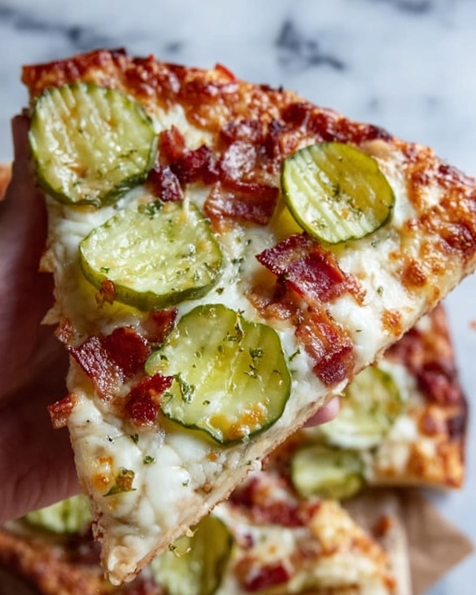 A close-up of a slice of pizza held by a woman's hand, showing three main layers: a light golden-brown crust at the bottom, a layer of melted white cheese with small browned spots in the middle, topped with green, thick pickle slices and small pieces of crispy bacon with reddish-brown color scattered unevenly. The background shows a white marbled texture surface. Photo taken with an iphone --ar 4:5 --v 7
