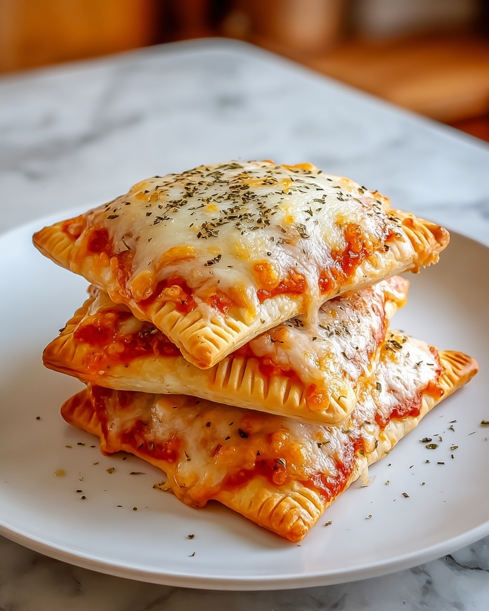 The image shows three square-shaped calzones stacked on a white plate placed on a wooden surface with a white marbled texture background. Each calzone has a golden-brown melted cheese layer on top, with small browned spots and a sprinkling of dried herbs for decoration. The pizza dough edges are crimped and slightly browned, showing some tomato sauce peeking through around the bottom edges. The top layer is the melted cheese, smooth with bubbly textures, the middle layer contains the red tomato sauce visible near the edges, and the base is the light golden dough. Photo taken with an iphone --ar 4:5 --v 7